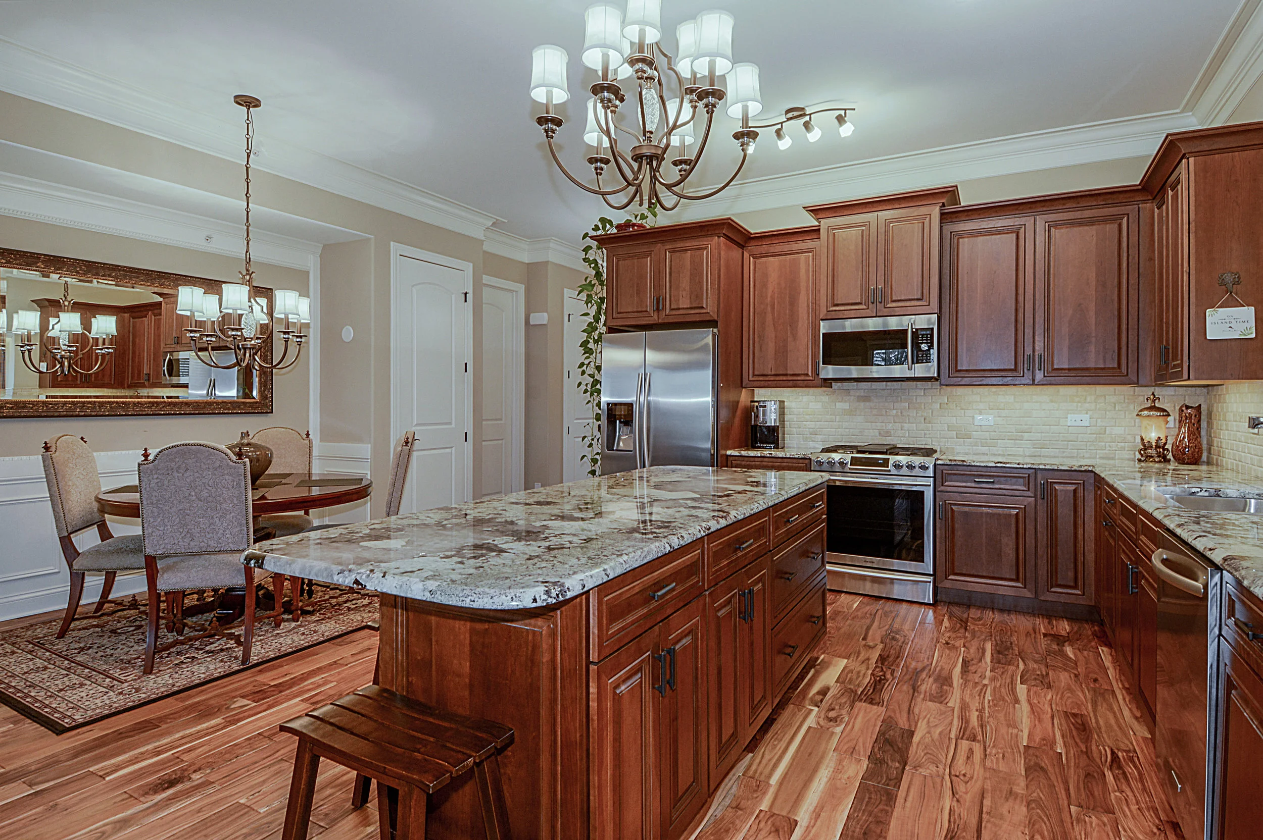 Teak Hardwood.  Lighted Granite Counters. Samsung Appliances. Custom Kitchen Remodel in St. Charles Illinois 60175