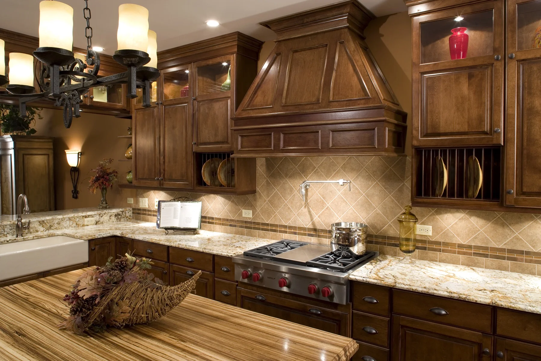 Wolf 36" Range Cooktop. Kohler Biscuit Apron Front Sink. Zebra Wood Island. Custom Remodeling in Geneva IllInois 60134