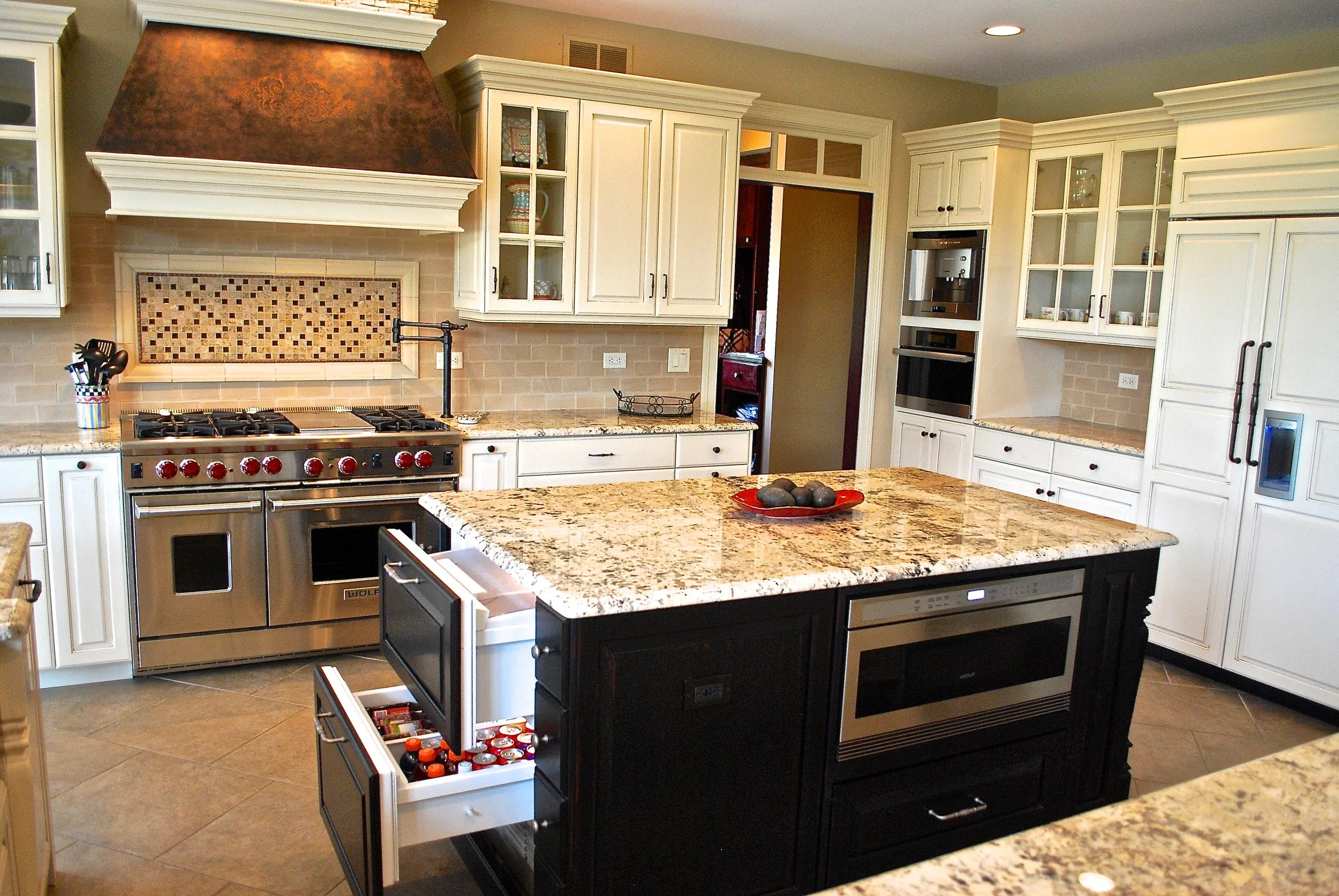 Wolf 48" Gas Range, Deck Mounted Oil Rubbed Bronze Pot Filler & Sub Zero Refrigerator Drawers in Island. St. Charles IL. 60174 