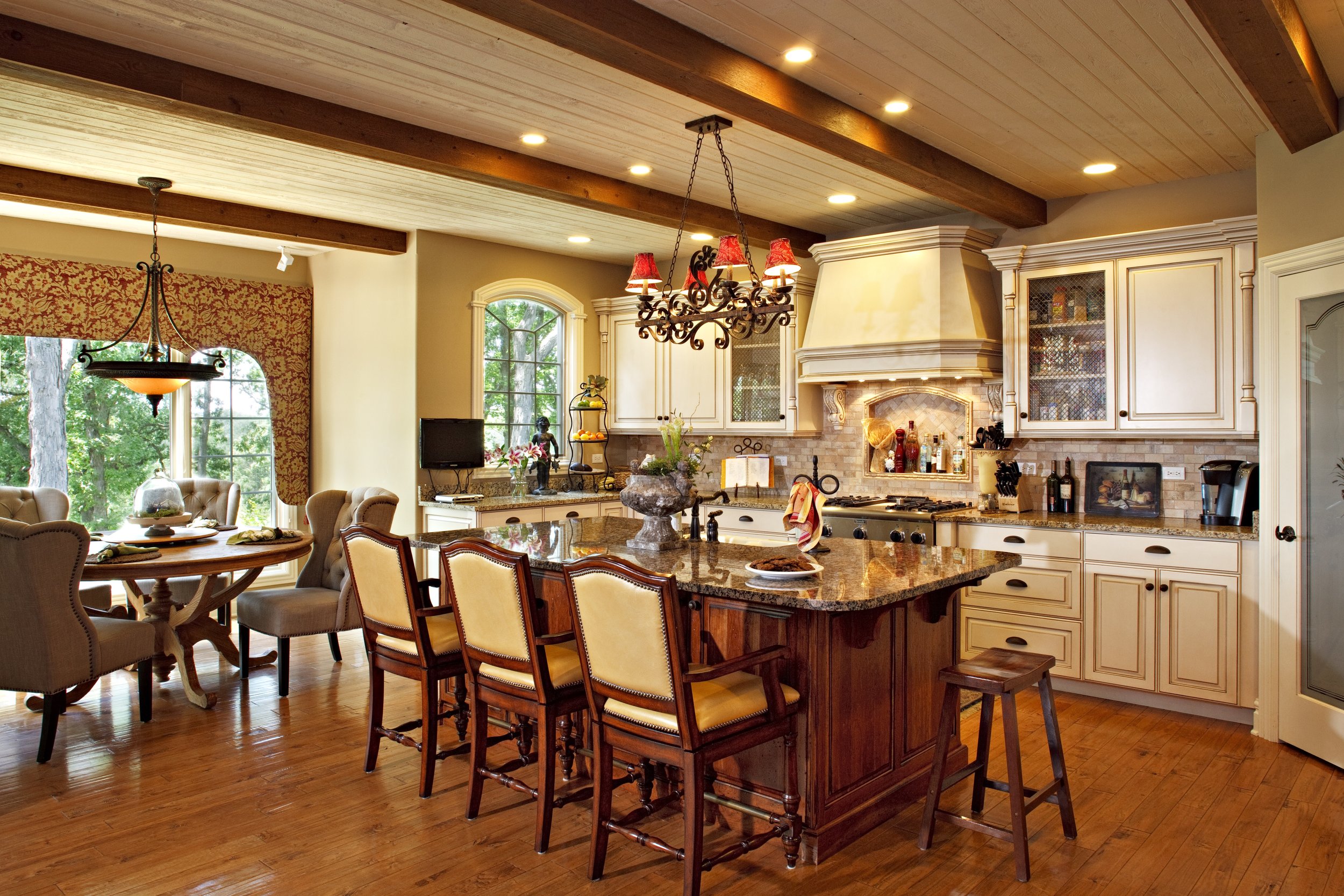 French Country Kitchen in Geneva Illinois. 60134  Stained & Painted Cabinetry.  Stained Island 