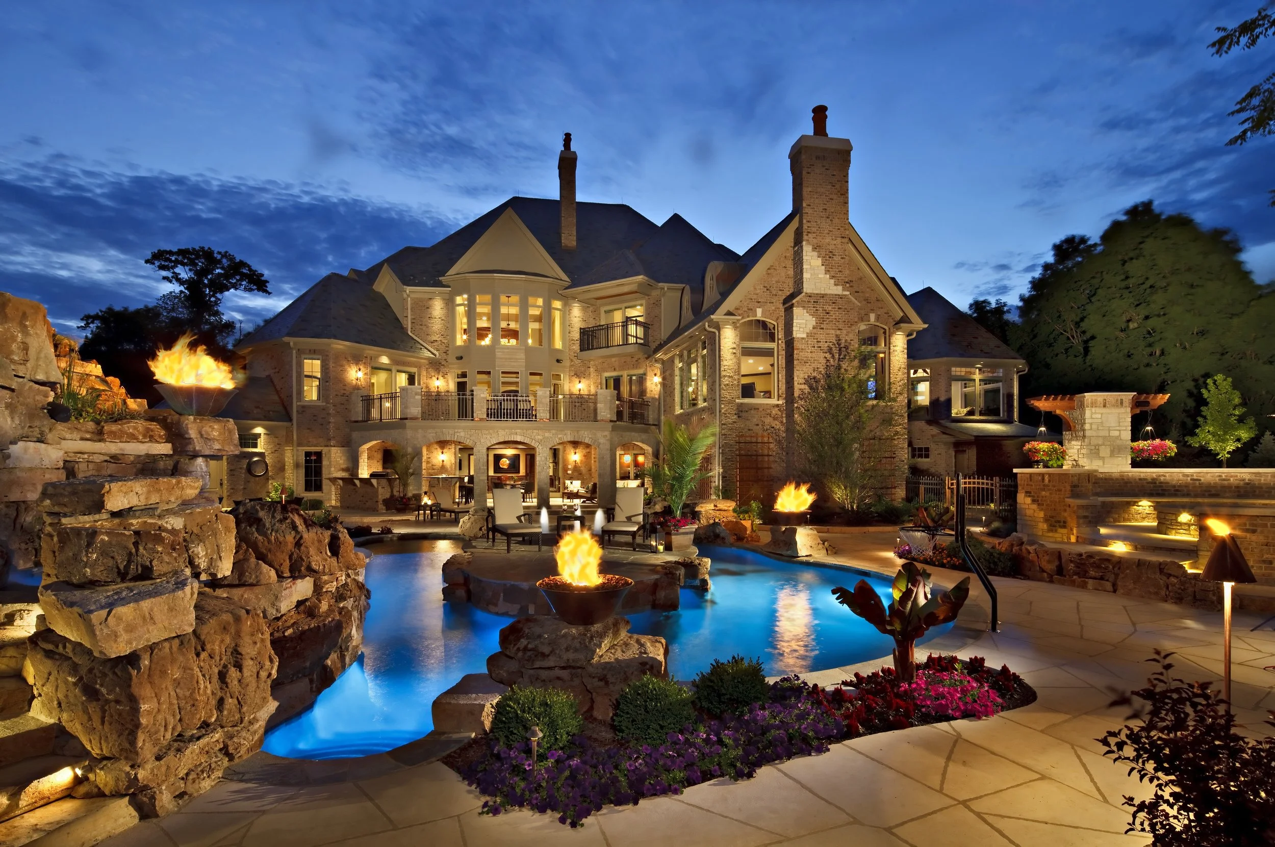 Custom Pool &amp; Home by Southampton Builders LLC.  Fire Bowls, Rock Mountain, Fir Pit, Island in Pool &amp; Hot Tub. St. Charles IL.