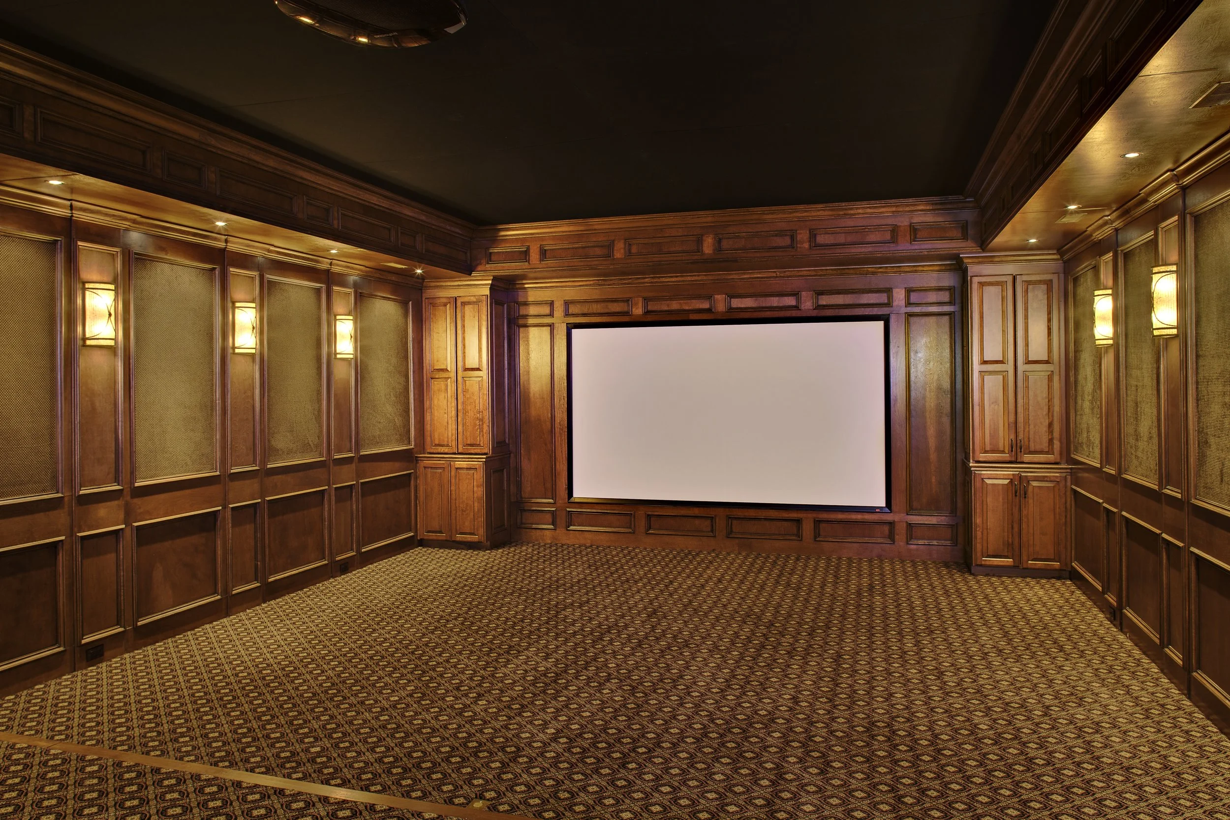 Custom Theater Room by Southampton Builders in Geneva IL. 60134. Wood Paneling Walls &amp; Ceiling. 