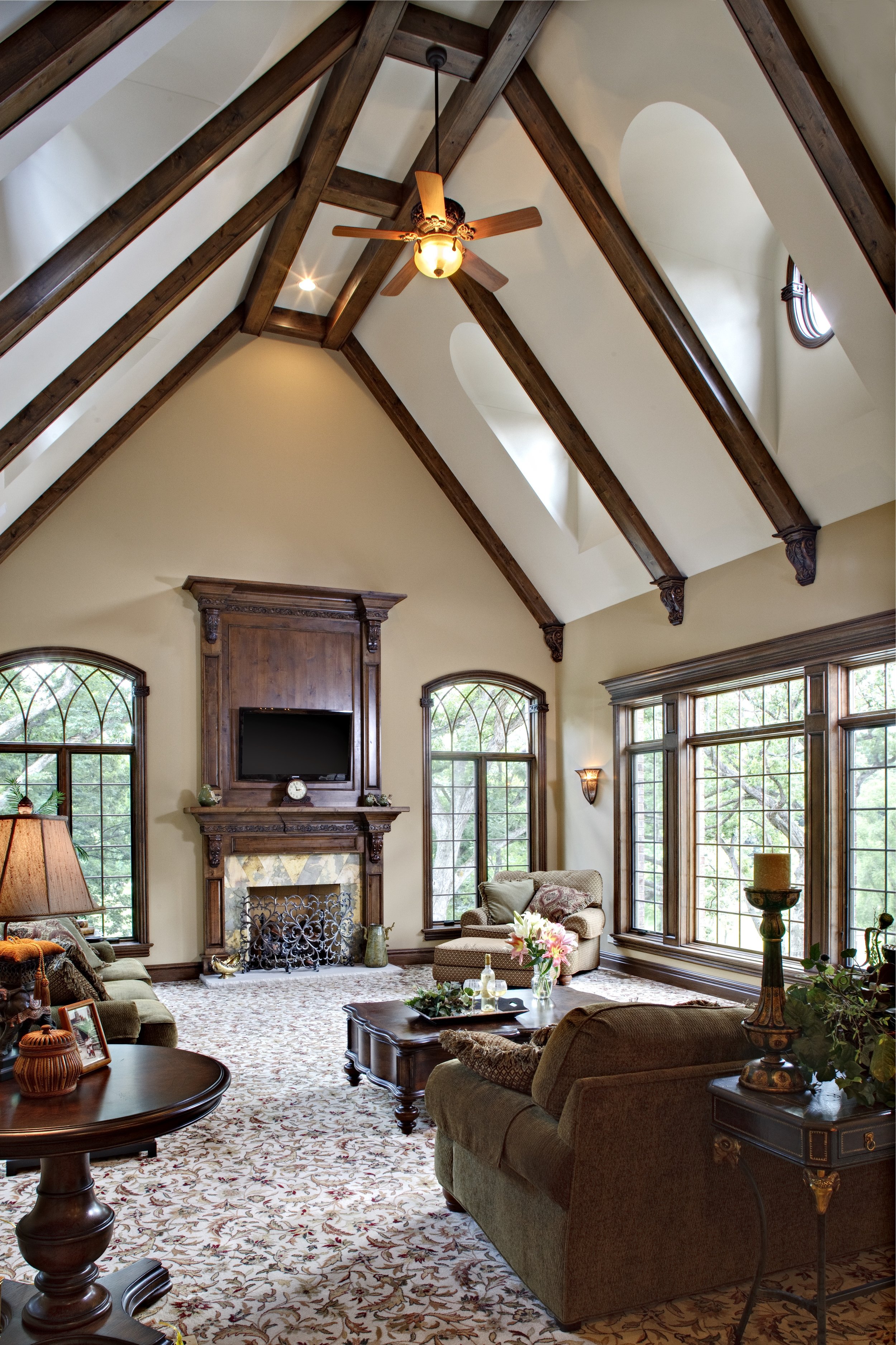 Hearth Room with Wooden Stained Beams in this Naperville IL Custom Home 
