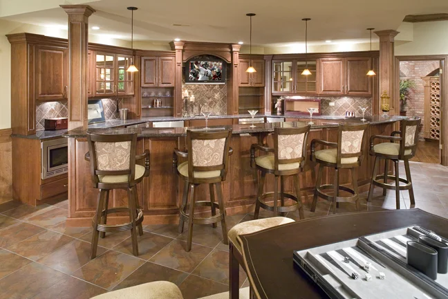 Sports Fan Basement Bar Set Up For Game Watching with Open Theater Room- In Geneva IL. 