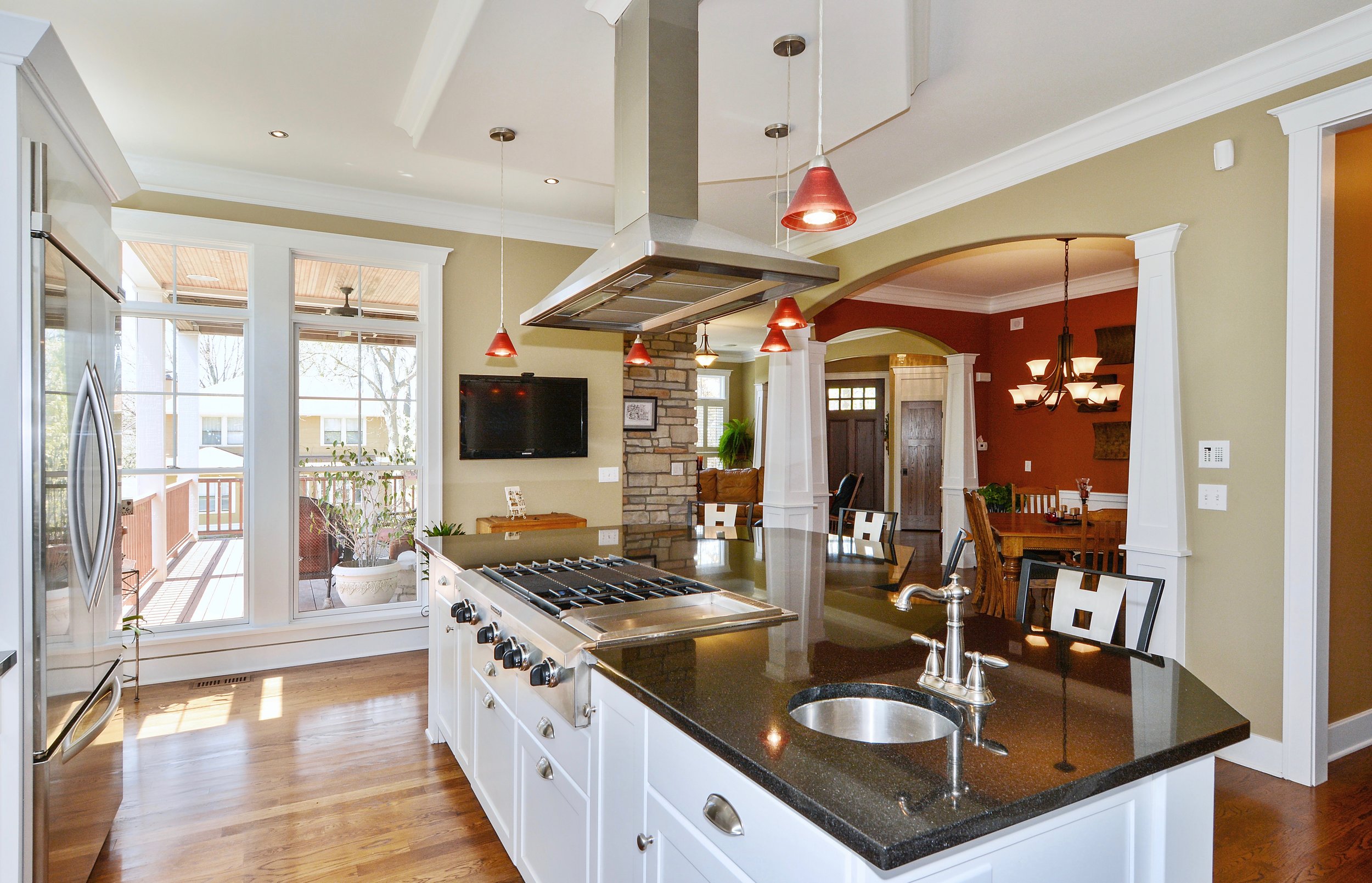 Transitional Custom Kitchen with Transom Windows Above Cabinets