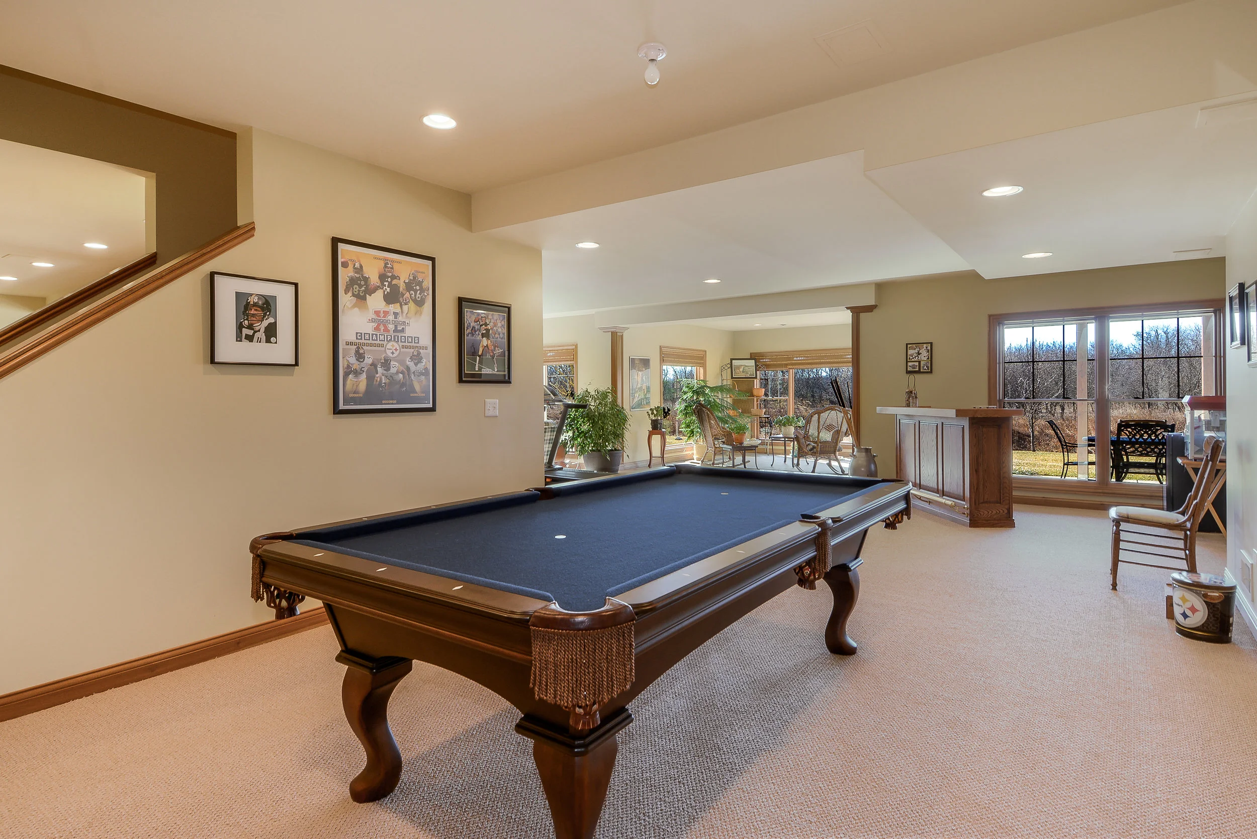 Pool Table in Open Basement Layout 