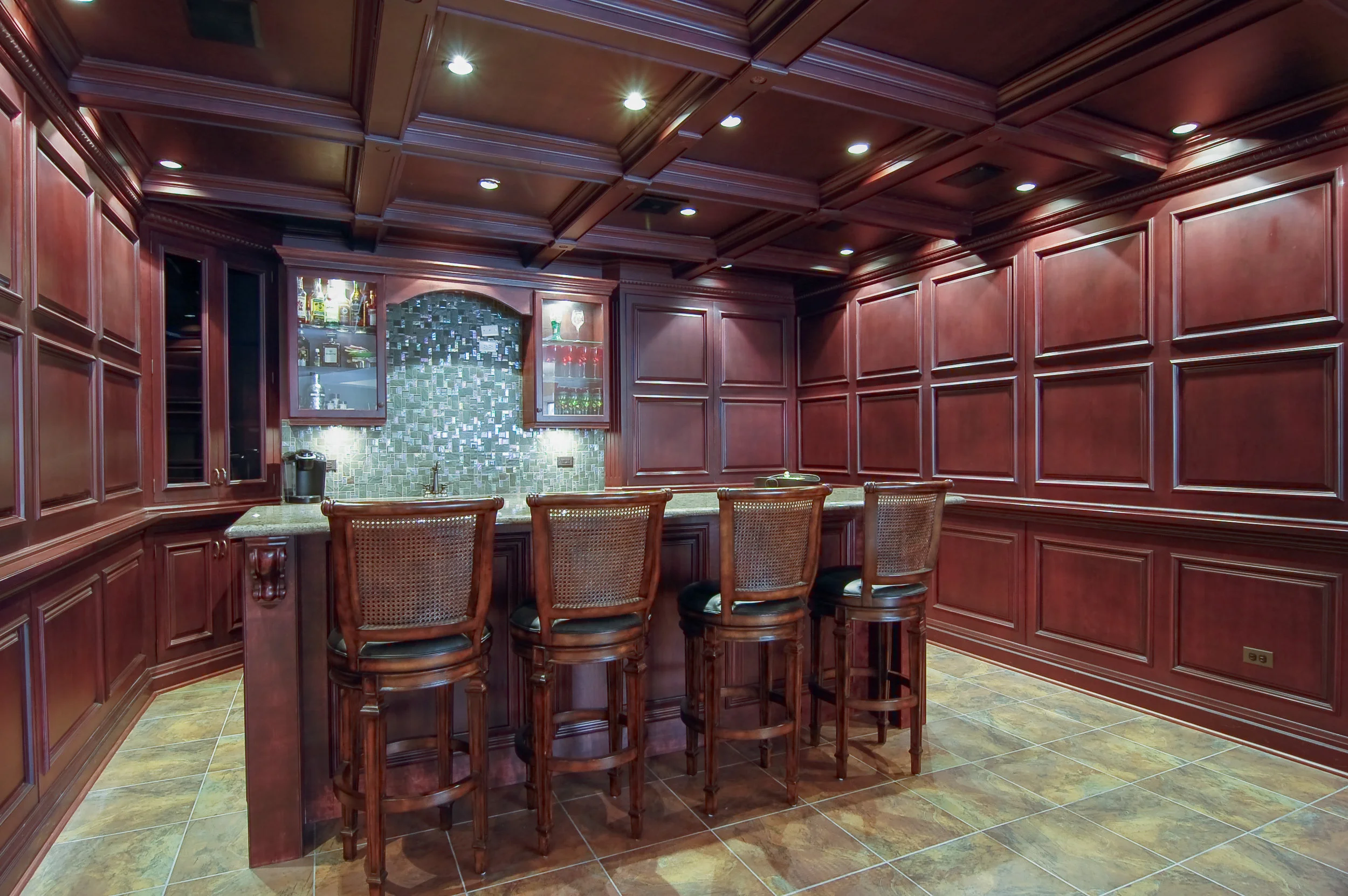 Custom Cherry Paneling in Home Bar. Barrington IL