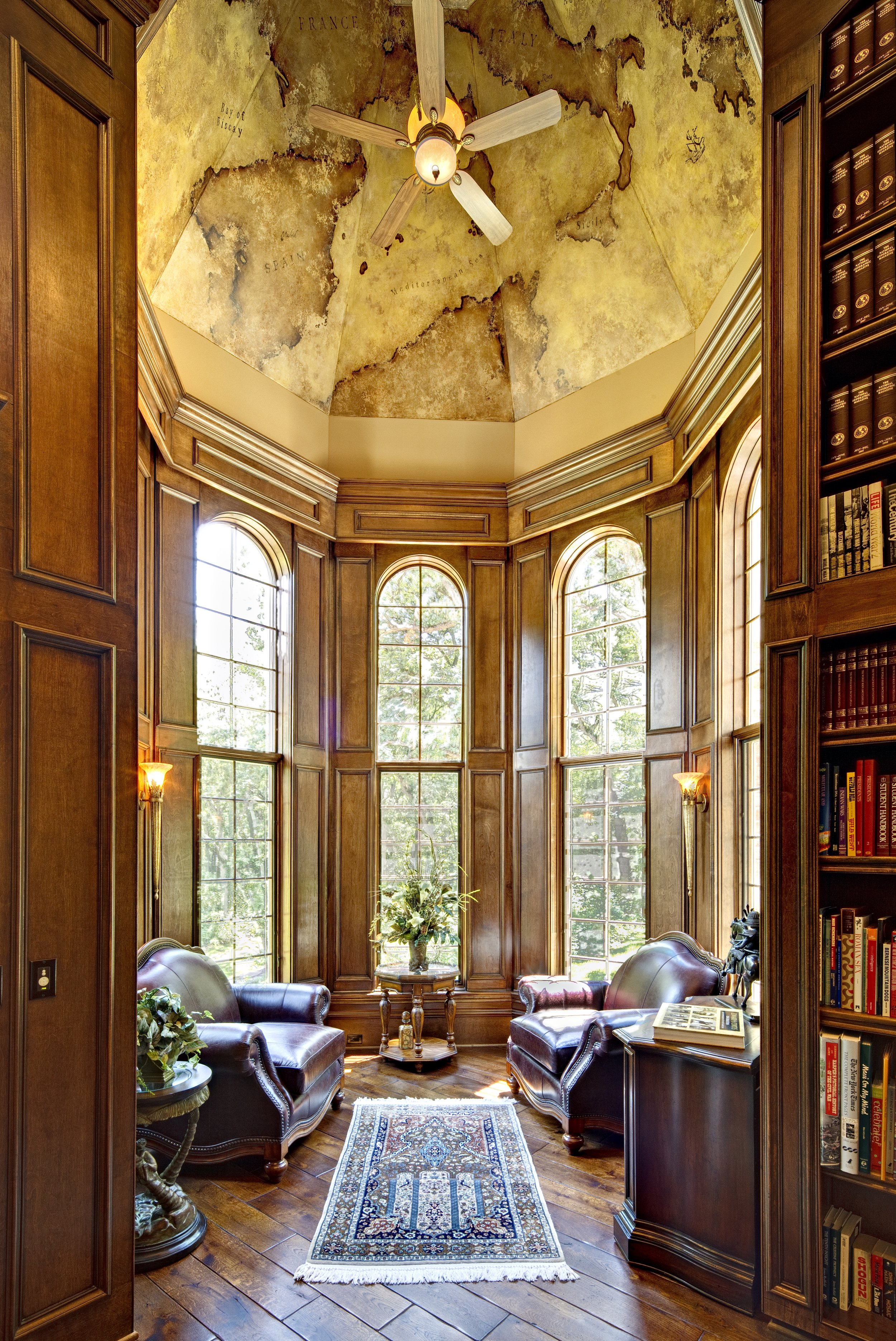 Custom Home Study by Southampton Builders LLC. Turret Libary with Old Wolrd Map Fresco.