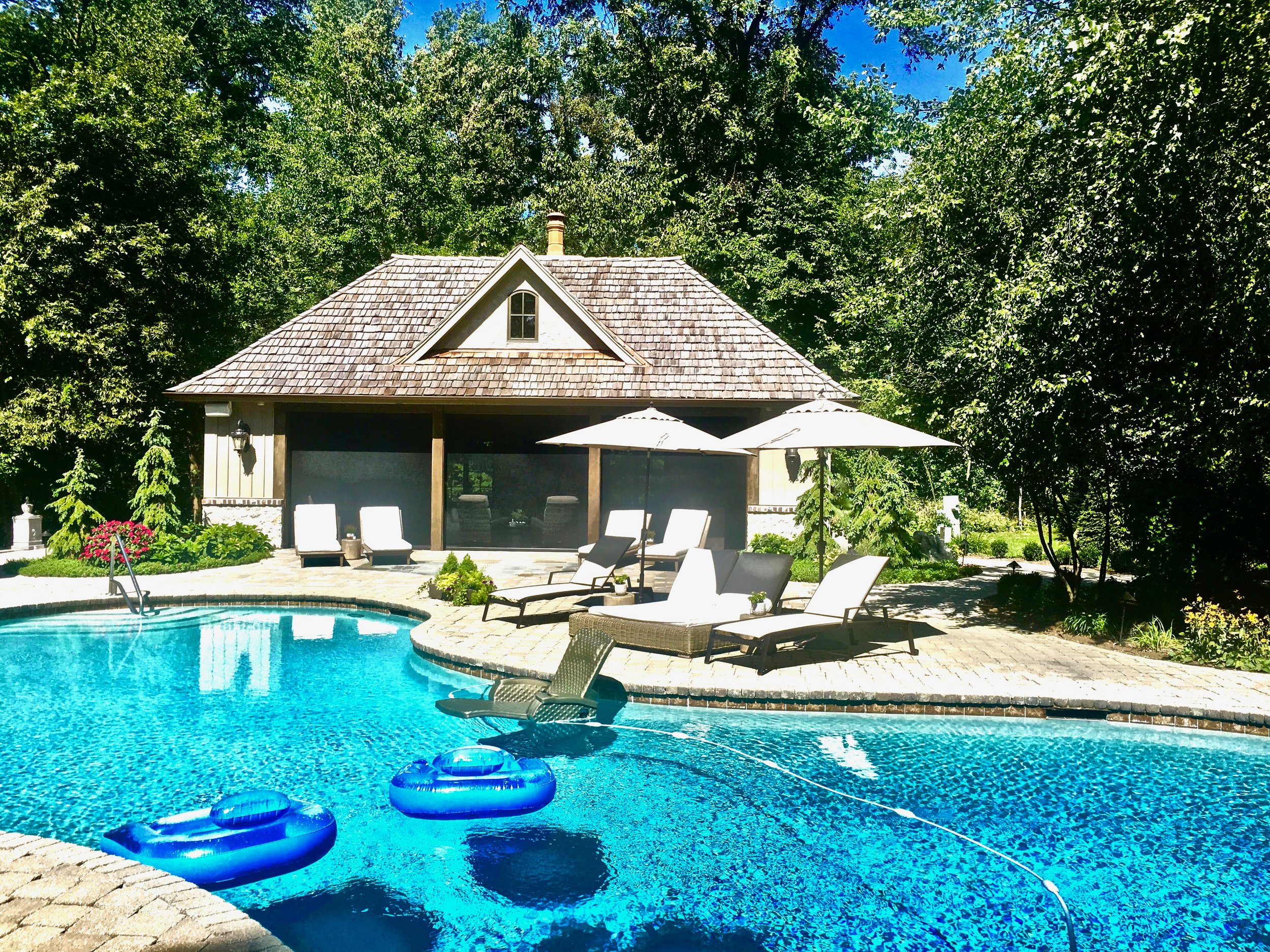 Custom Pool House to Match Main House, French Country Style Stucco Exterior