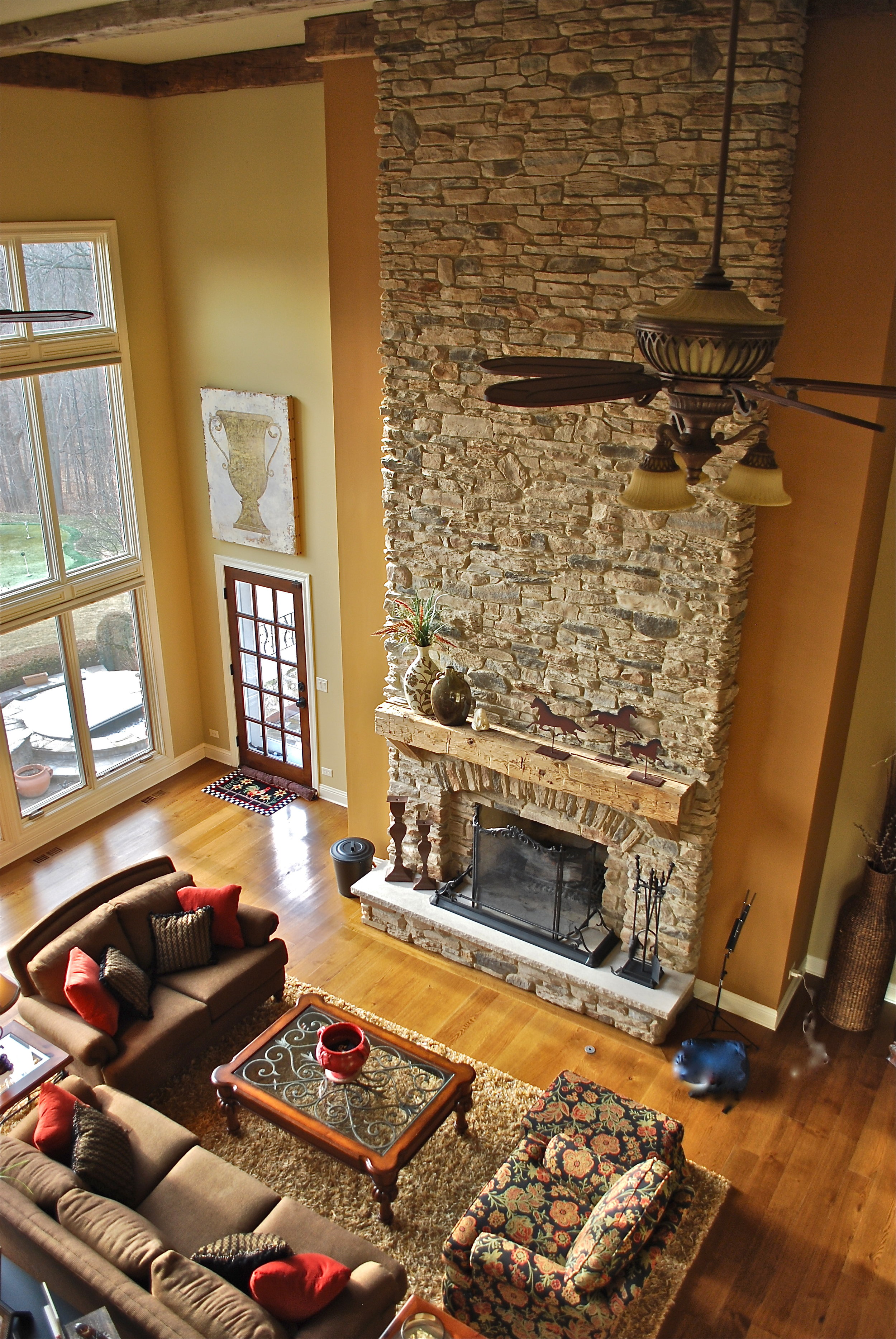 Massive Two Story Stacked Stone Fireplace Remodel 