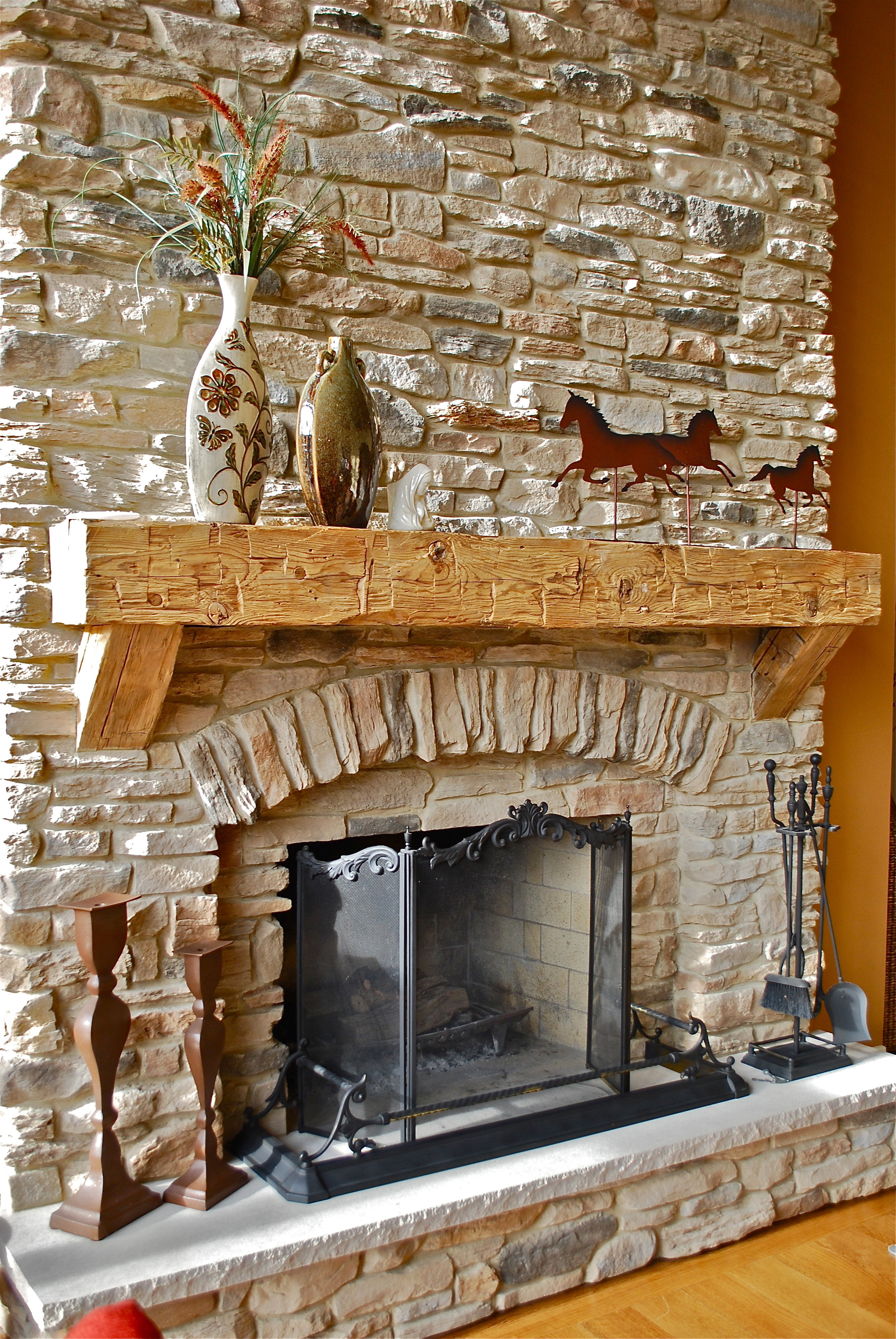 Stacked Stone Fireplace Remodel with Custom Barn Wood Mantle