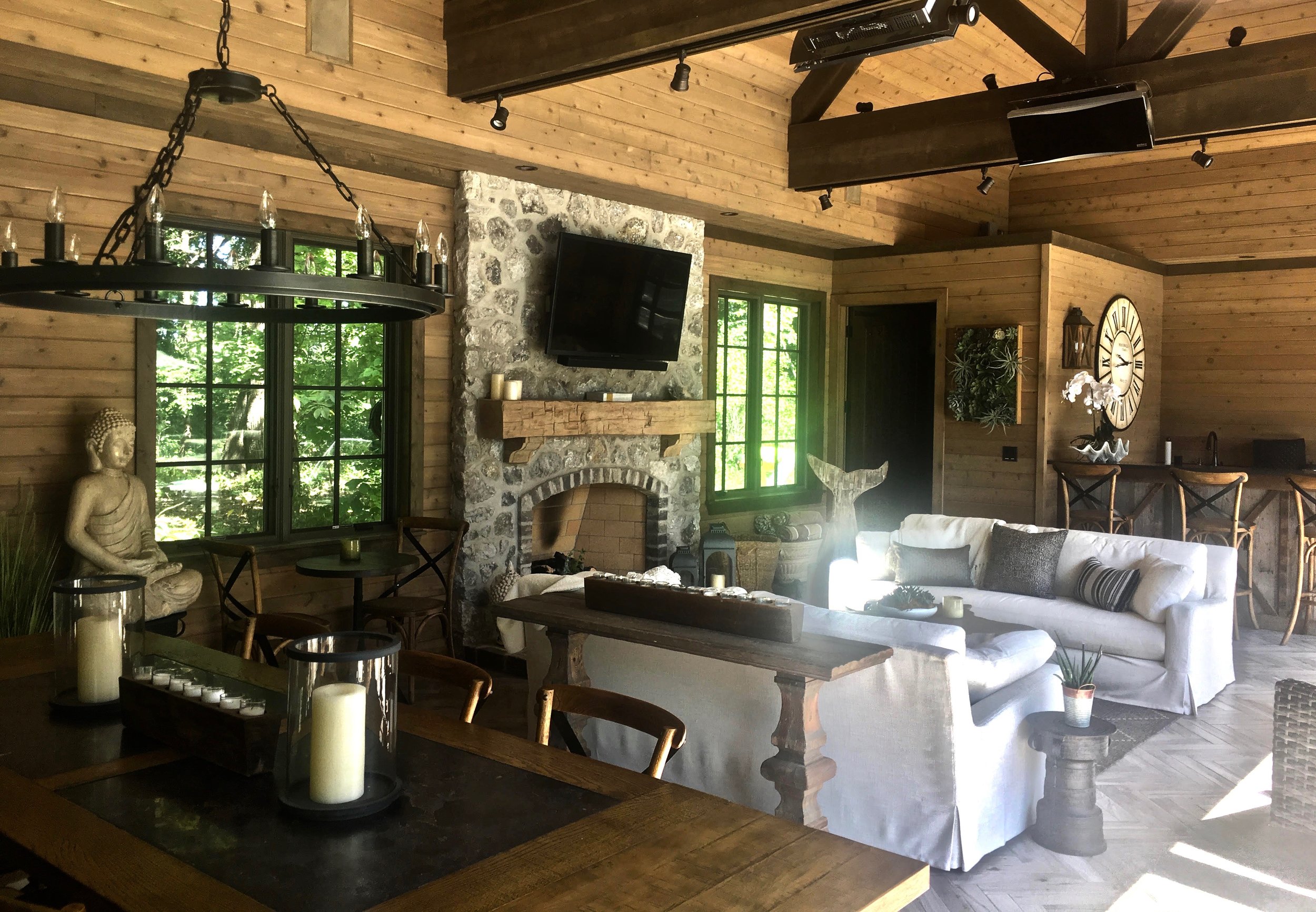 CUSTOM POOL HOUSE INTERIOR WITH FIREPLACE AND KITCHEN