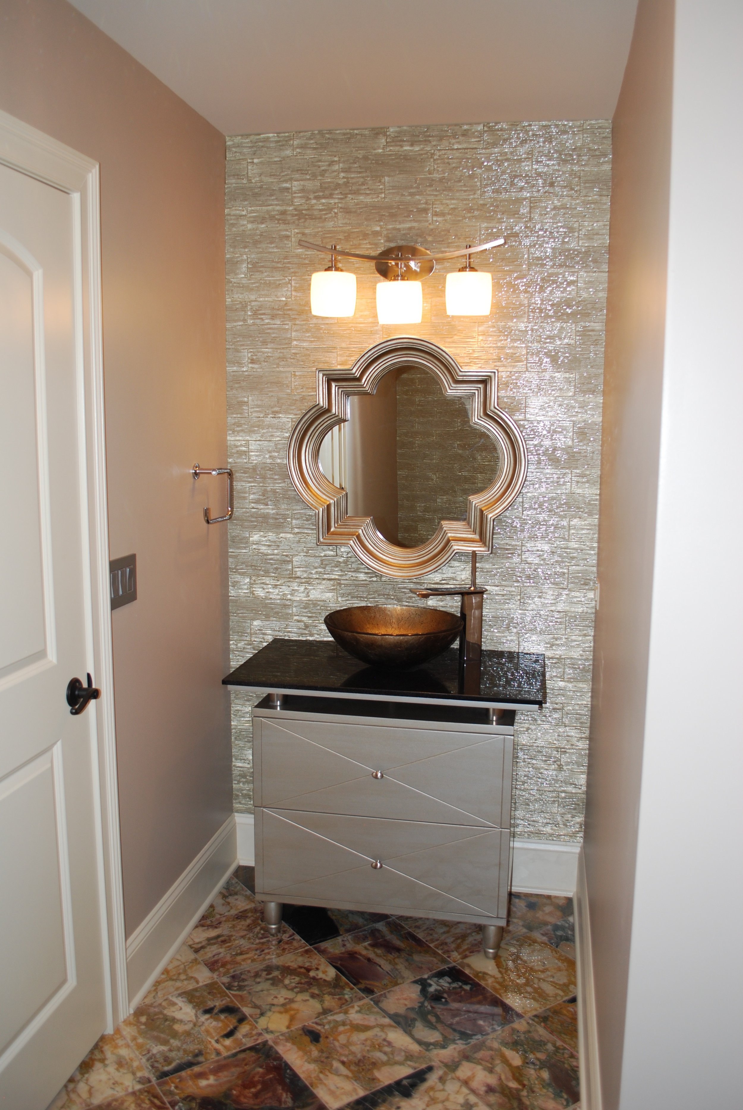 GLASS TILE BEHIND VANITY IN GENEVA BATH 