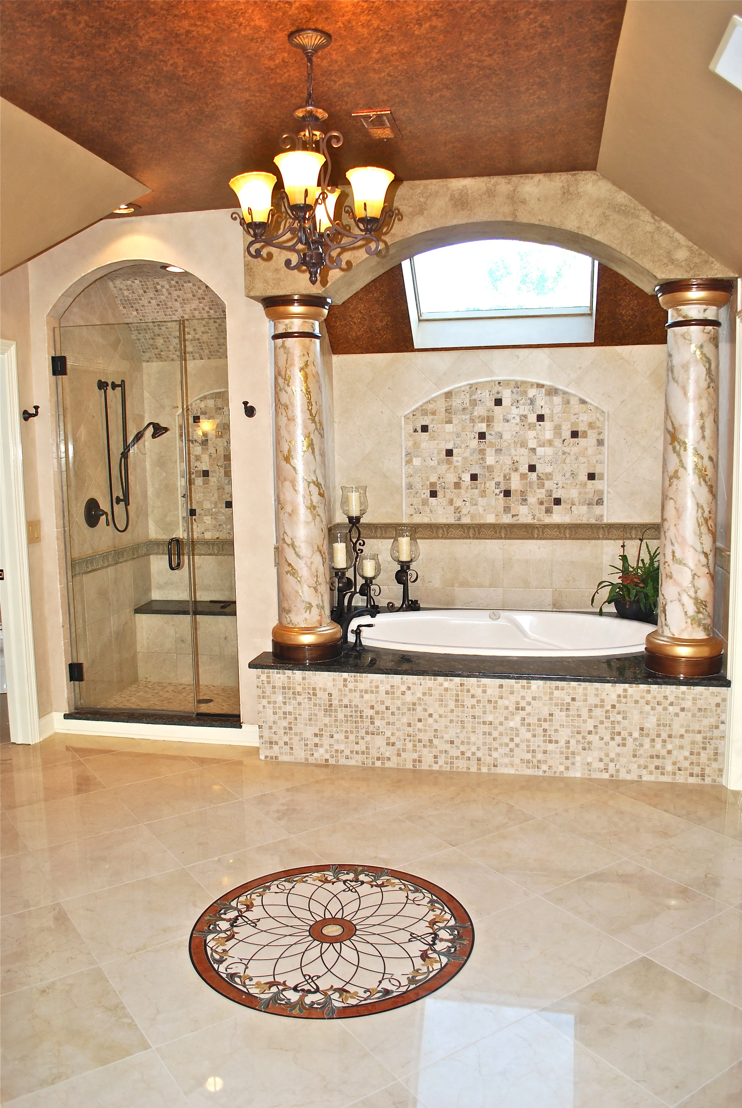 Inverness IL. Luxury Bath Renovations with Custom Marble Floors Inlayed with Medallion & Marble Columns