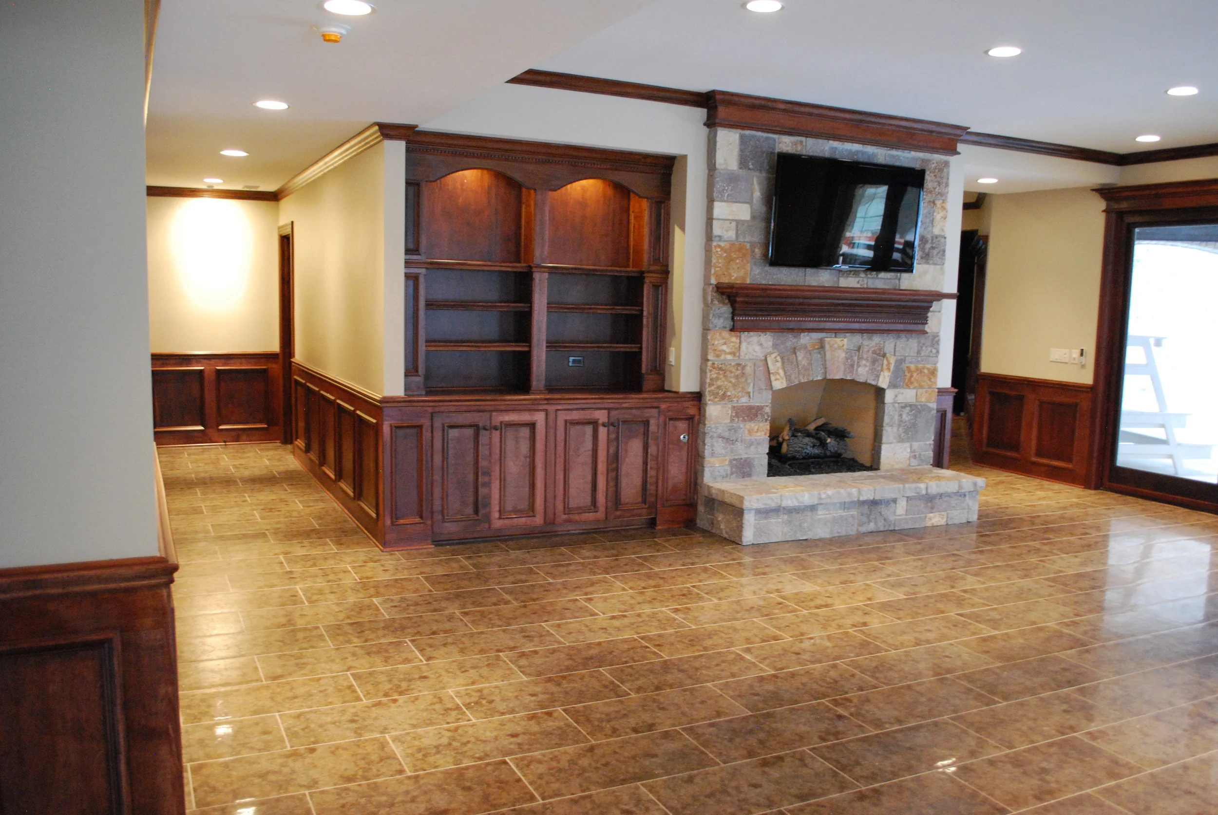 Stone Basement Fireplace in this Barrington IL. Custom Finished Basement 