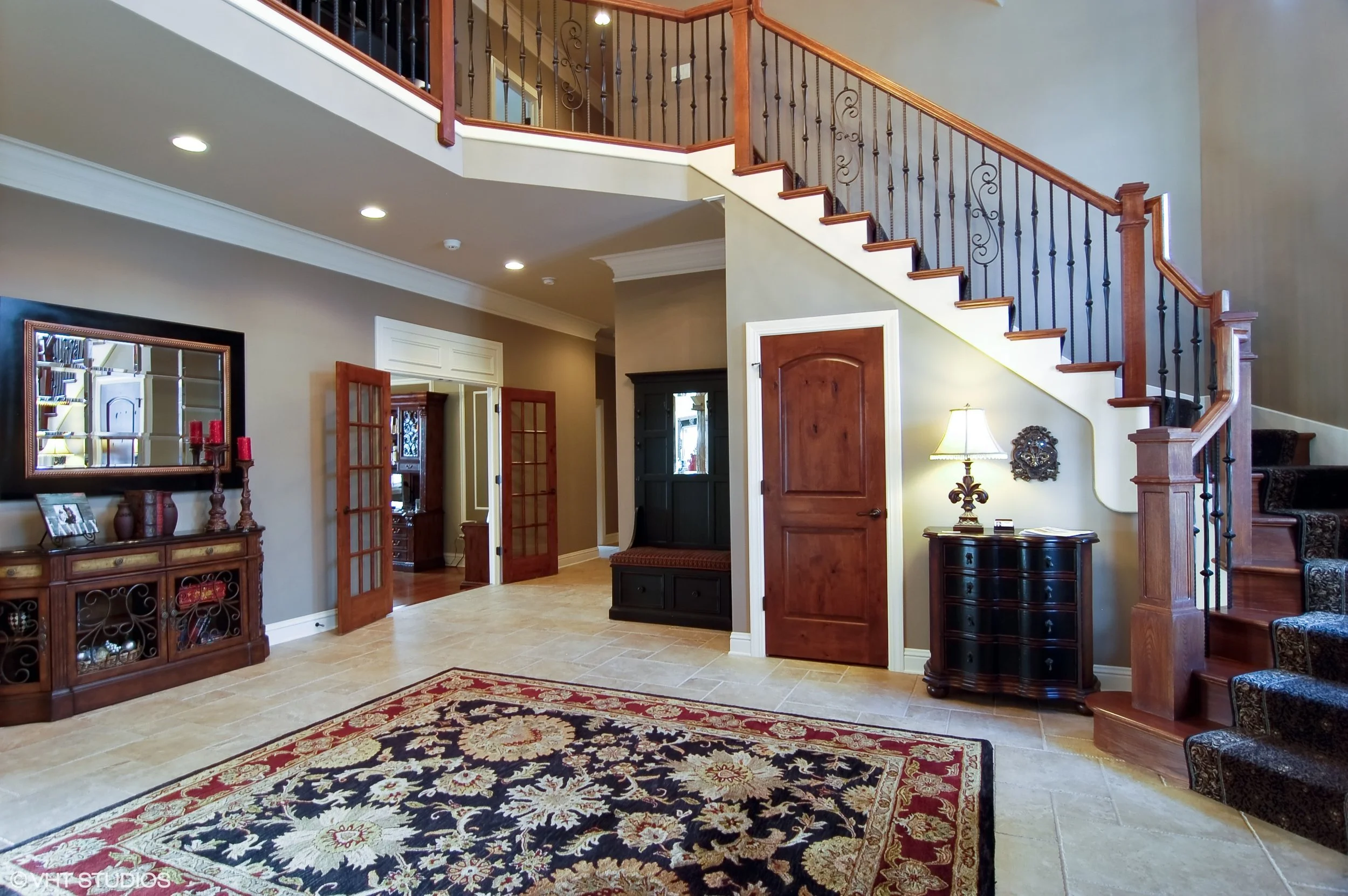 Northern Illinois Foyer Remodeling Specialist With New Stairs, Remodeling Current Stairs and Custom New Handrails &amp; Newels. Square Balusters. White Treads.