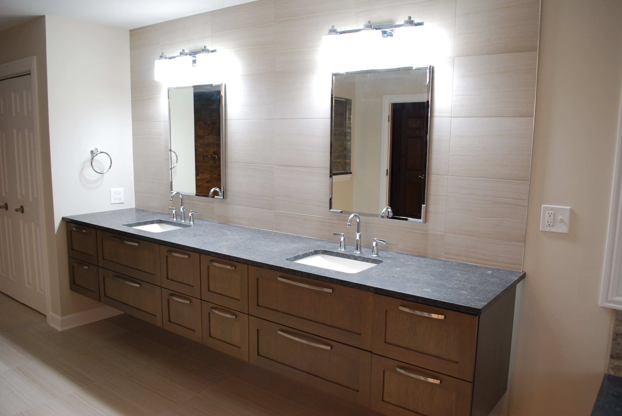 NAPERVILLE IL. BATHROOM VANITY REMODEL WITH FLOATING WALNUT CABINETRY 