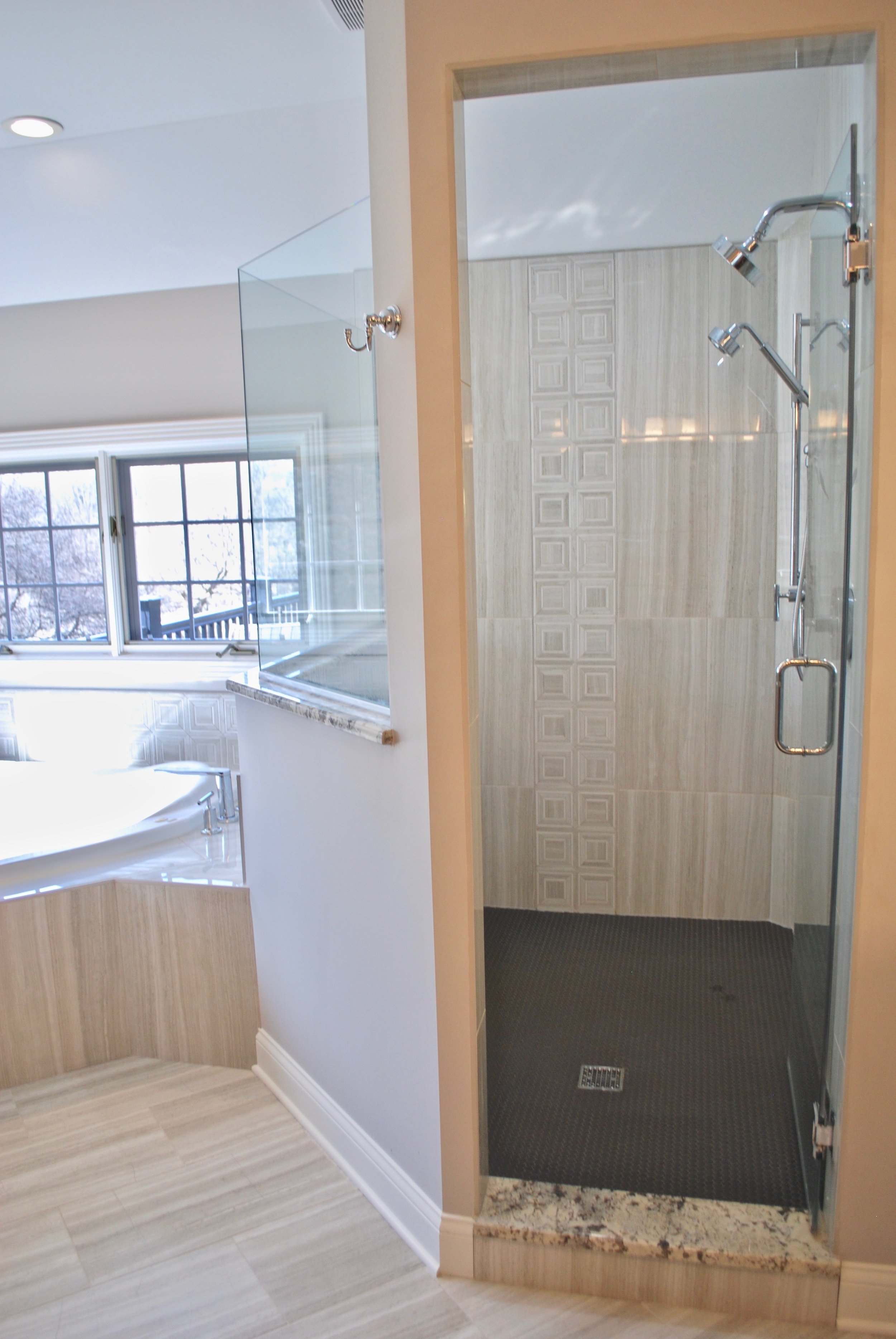 SHOWER REMODEL &amp; EXPANSION IN THIS NAPERVILLE IL CUSTOM BATHROOM.  TRANSITIONAL &amp; GREY TILE