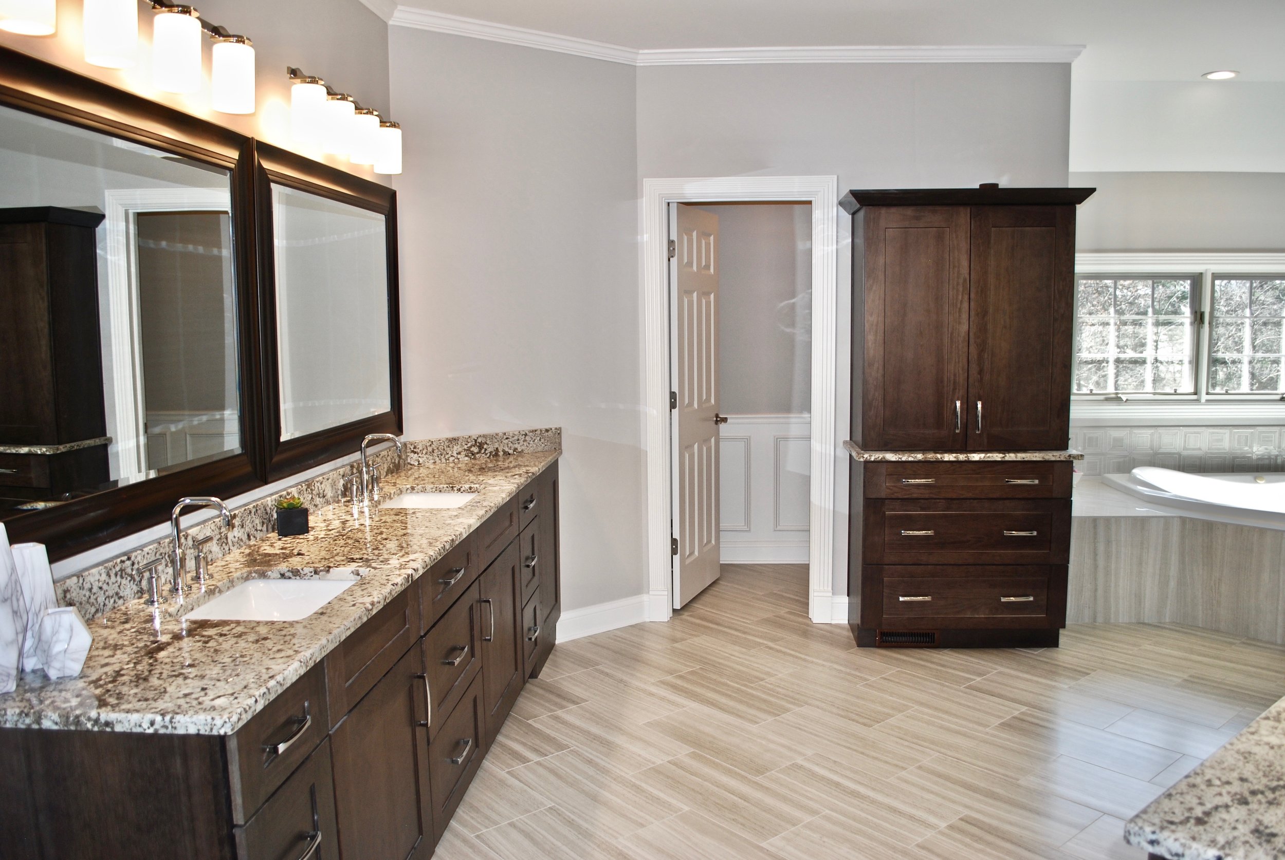 NAPERVILLE IL. BATHROOM REMODEL WITH COFFEE STATION AND  NEW DOUBLE BOWL VANITY WITH CUSTOM CABINETRY AND NEW GRANITE COUNTERS. 