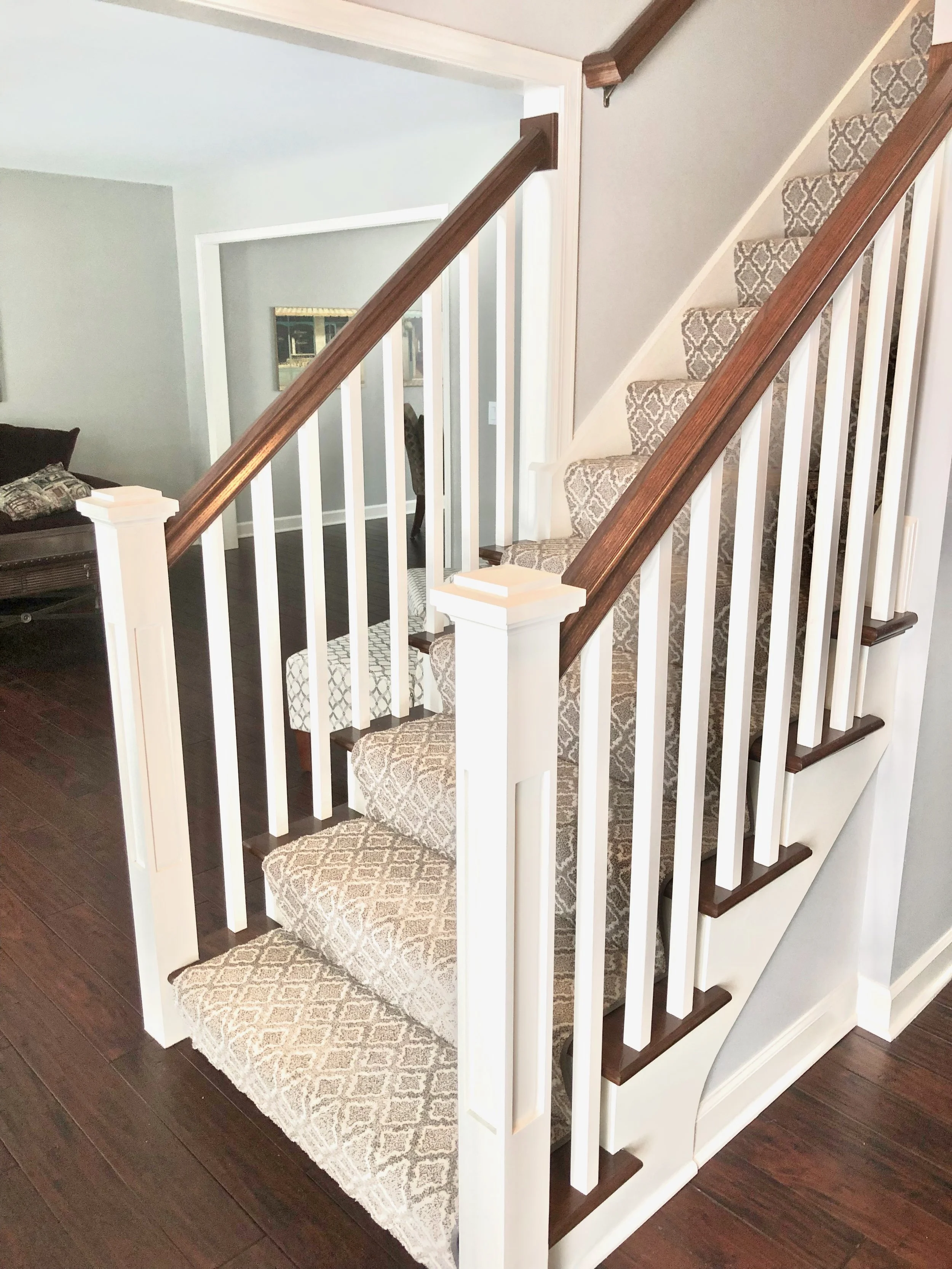 FOYER STAIRCASE REMODELING &amp; UPDATING IN HOME REMODELS AND RENOVATIONS. UPDATE AND REPALCE YOUR FOYER STAIR CASE WITH NEW WHITE SQUARE SPINDLES AND DARKER STAINED HAND RAILS AND STAIR TREADS. SQUARE STARING NEWELS. LOCATED IN GENEVA IL. SOUTHAMP…