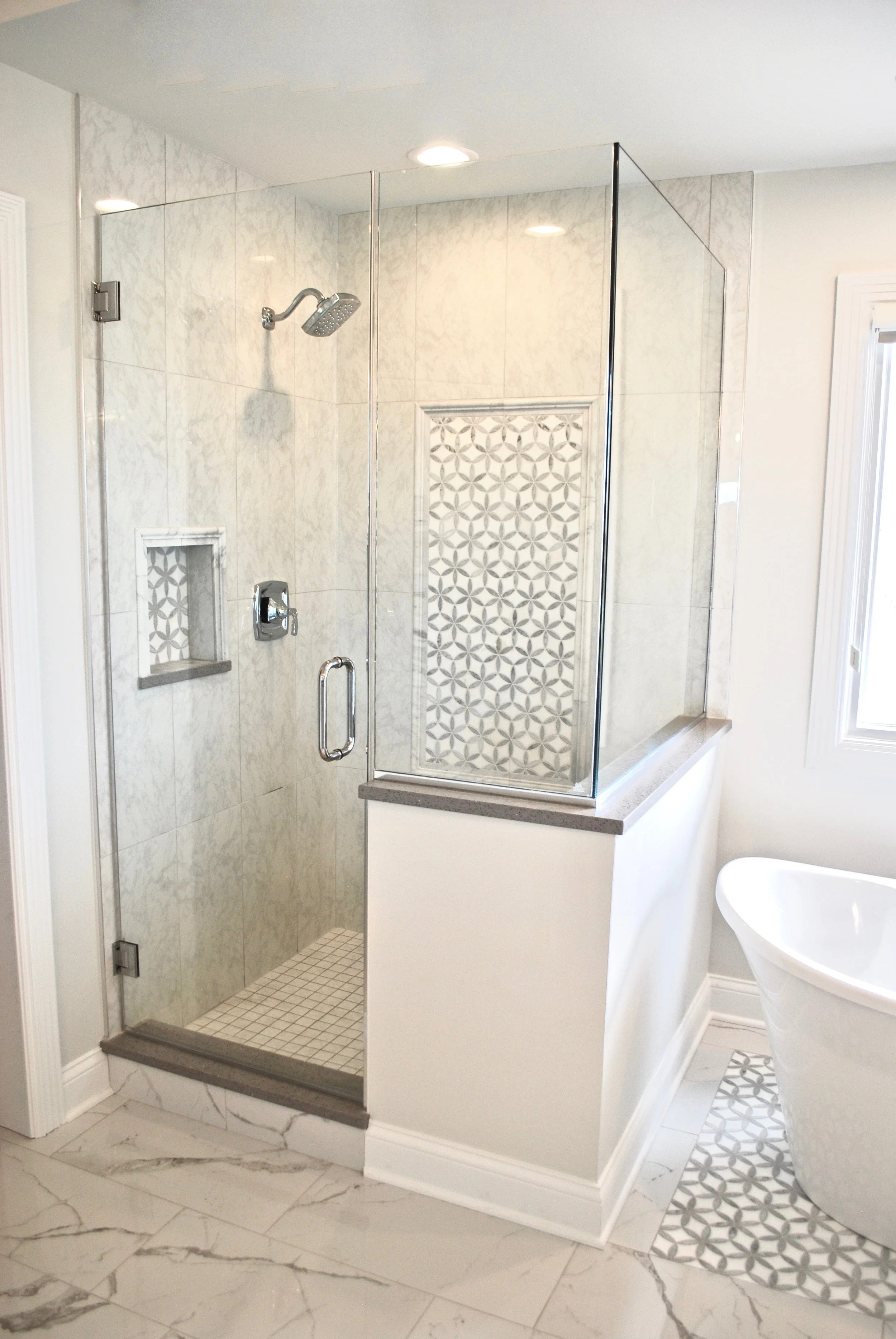 MARBLE SHOWER REMODEL IN GENEVA IL. BATHROOM UPDATING PROJECT BY LOCAL BATH CONTRACTOR.