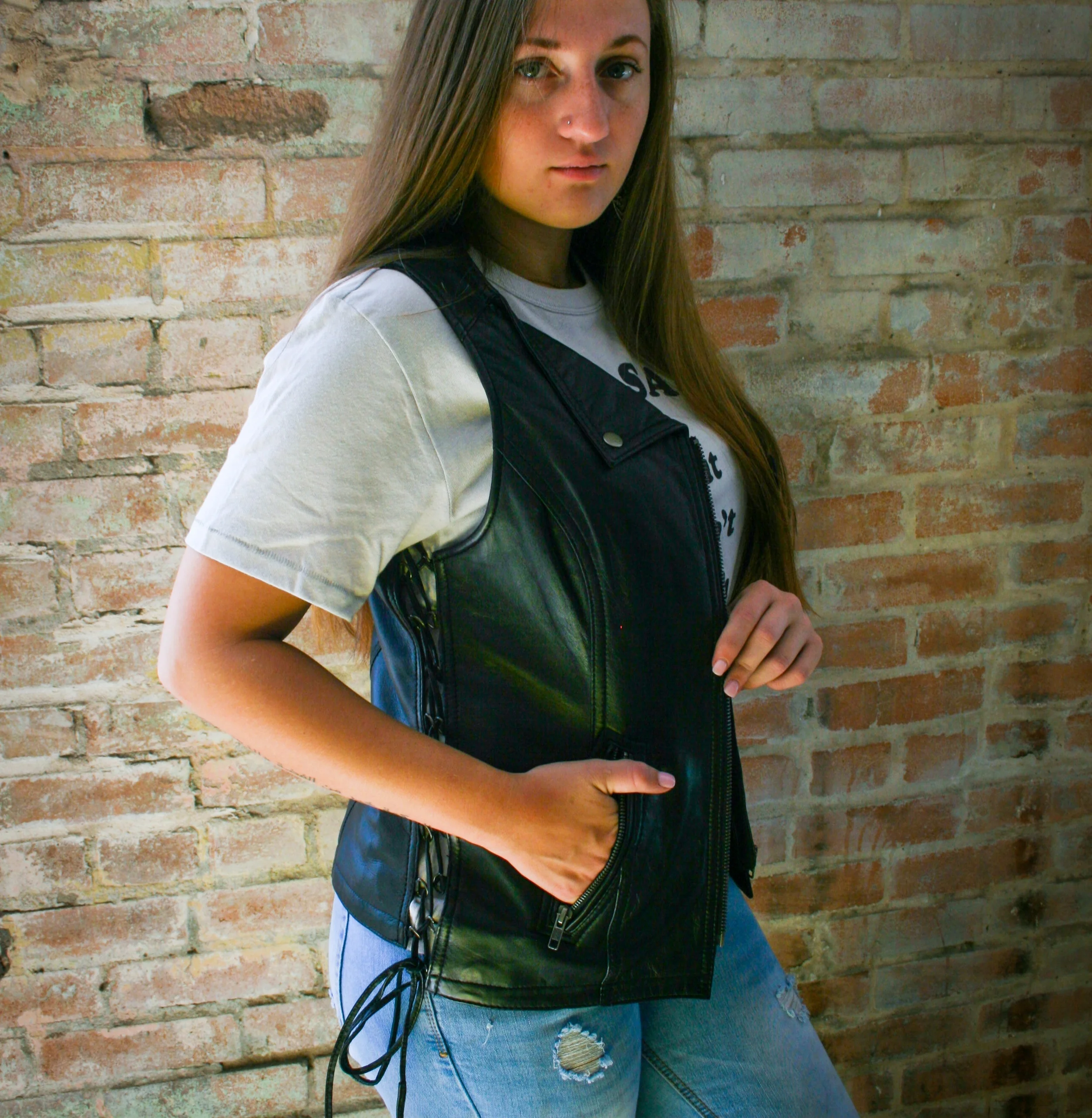 Leather Snap Down Collar Lace Side with Zip XS - 5X