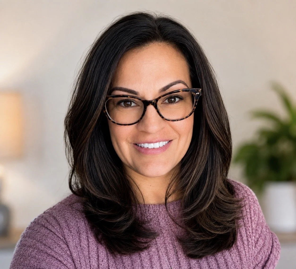 A woman with dark brown hair, glasses, and a pink sweater smiling indoors.