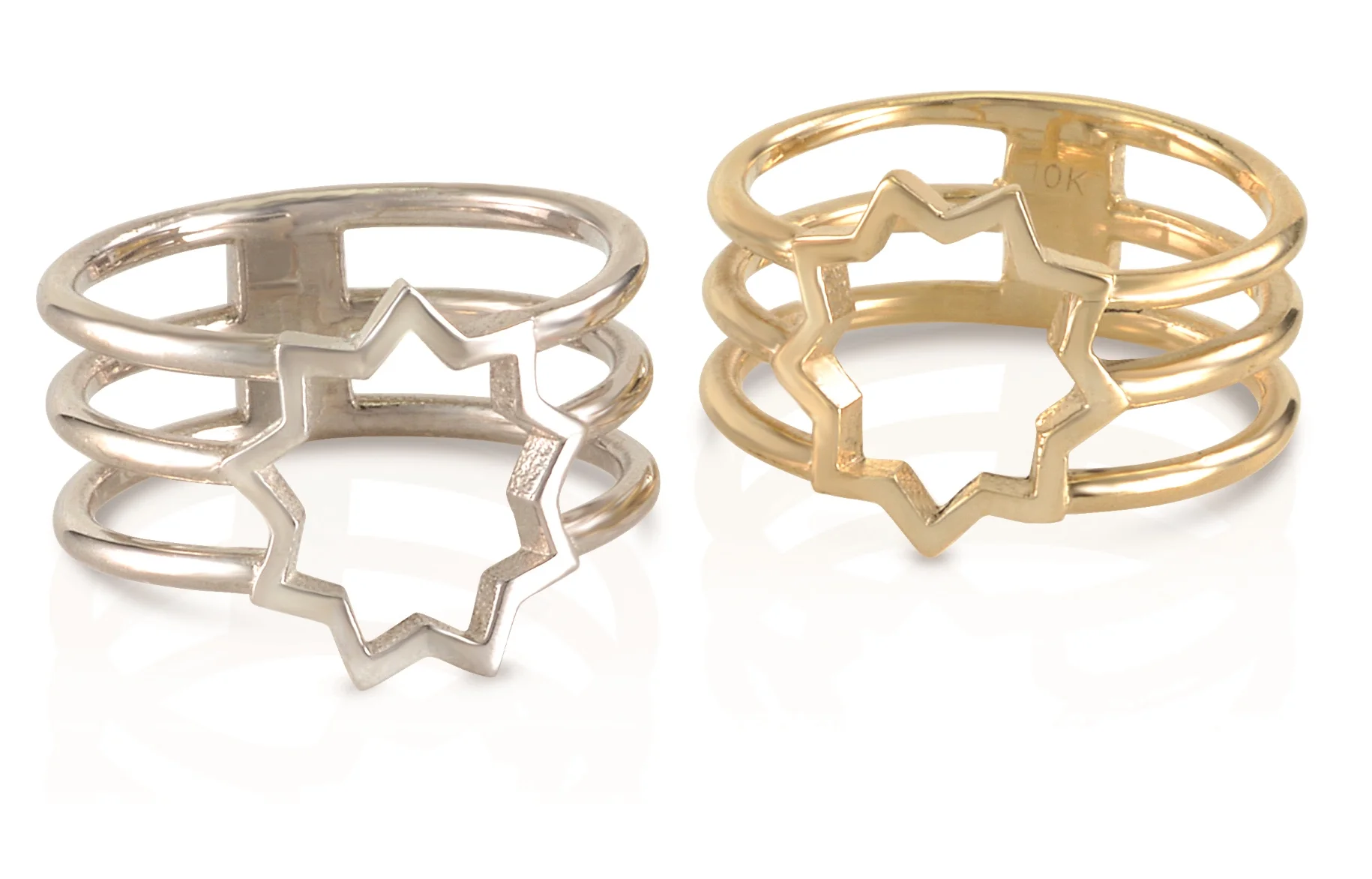 9 POINTED STAR RINGS | In 10 and 18 karat gold, and silver, with or without hand engraved scroll motif.