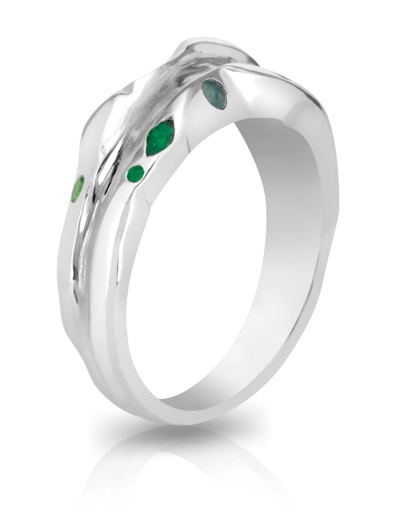 TRAIL RING | silver ring with polished edges and matte recess with flush set emeralds, tourmalines, tsavorites, and alexandrites.