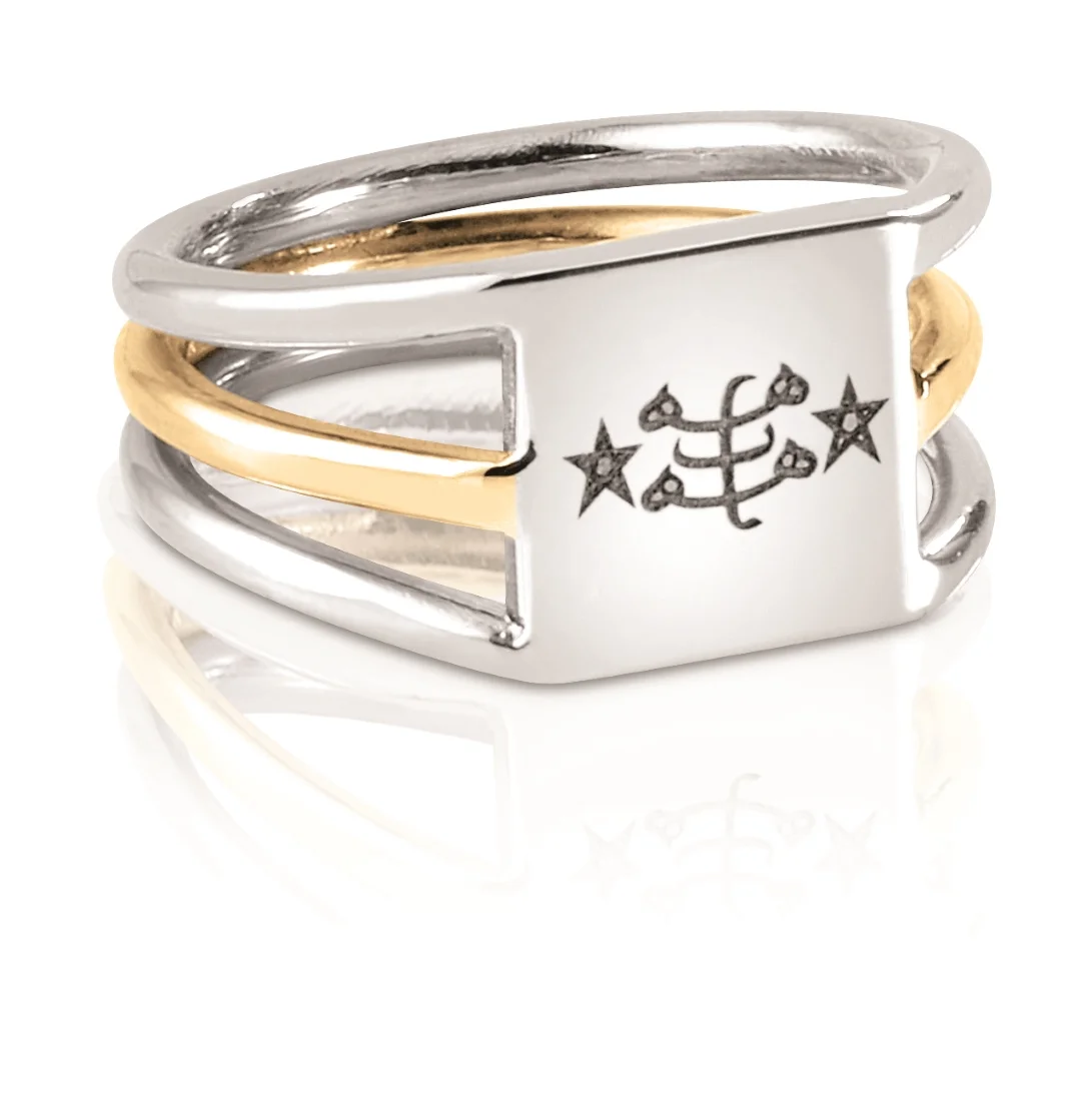 TWO TONED RING | Fabricated 10 karat yellow and white gold ring with laser engraved Ringstone Symbol.