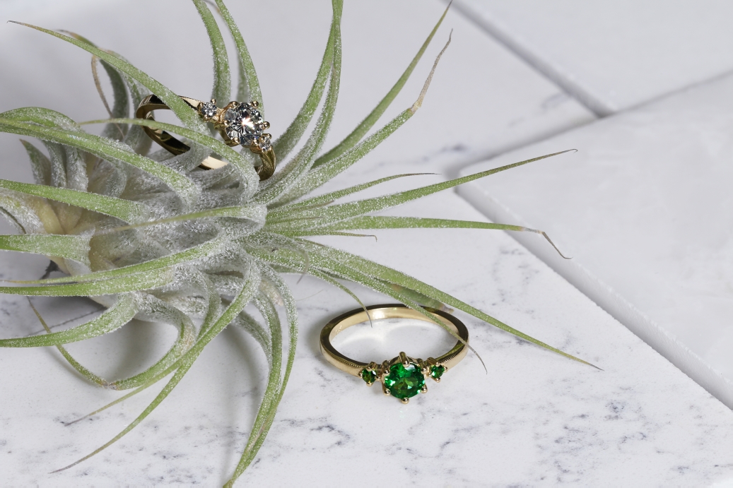 FLORAL RINGS | Delicate 10 karat yellow gold rings with milgrain edges and natural diamonds or tsavorites.