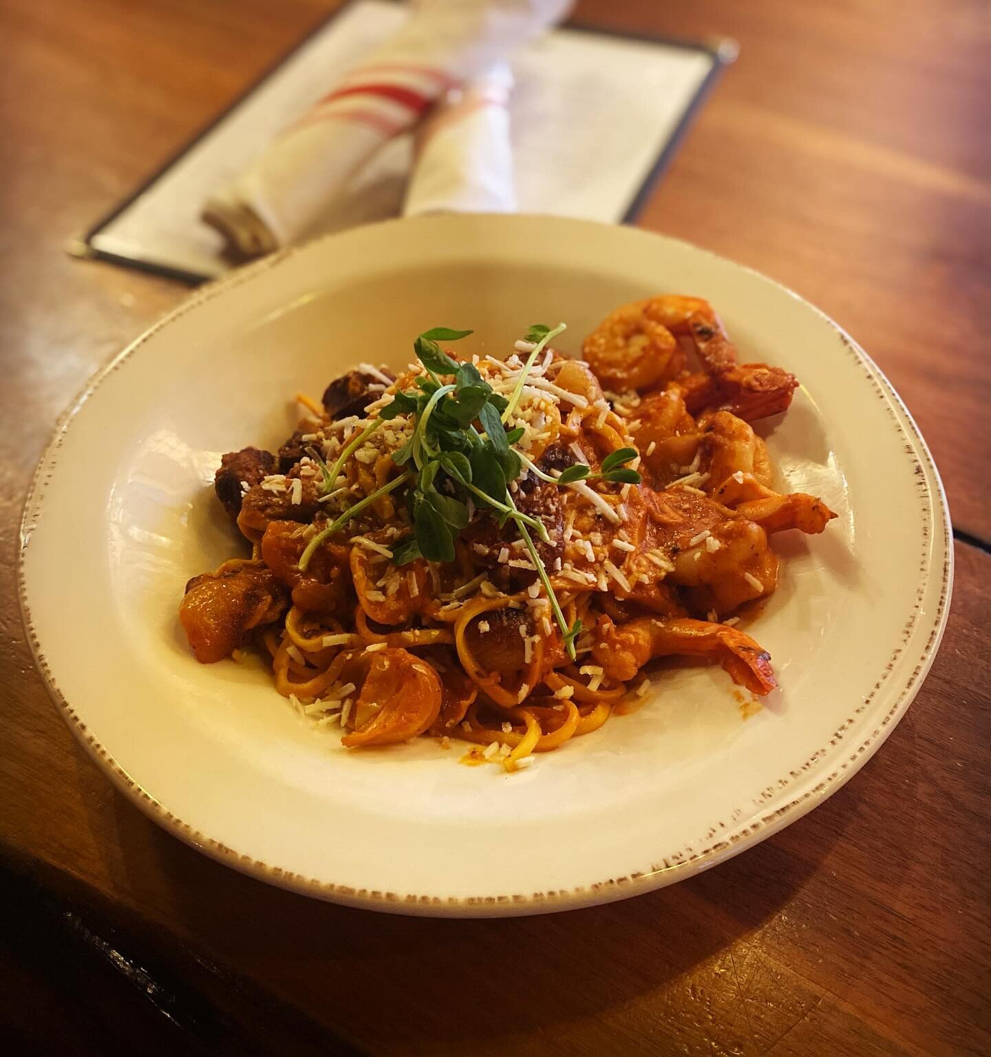 Hot special alert! 🚨 Handmade linguine with shrimp,  @ramblinpoppy chorizo, and confit cipollini onions in a fra diavolo sauce. 🚨Dinner only. Come get some y&rsquo;all!