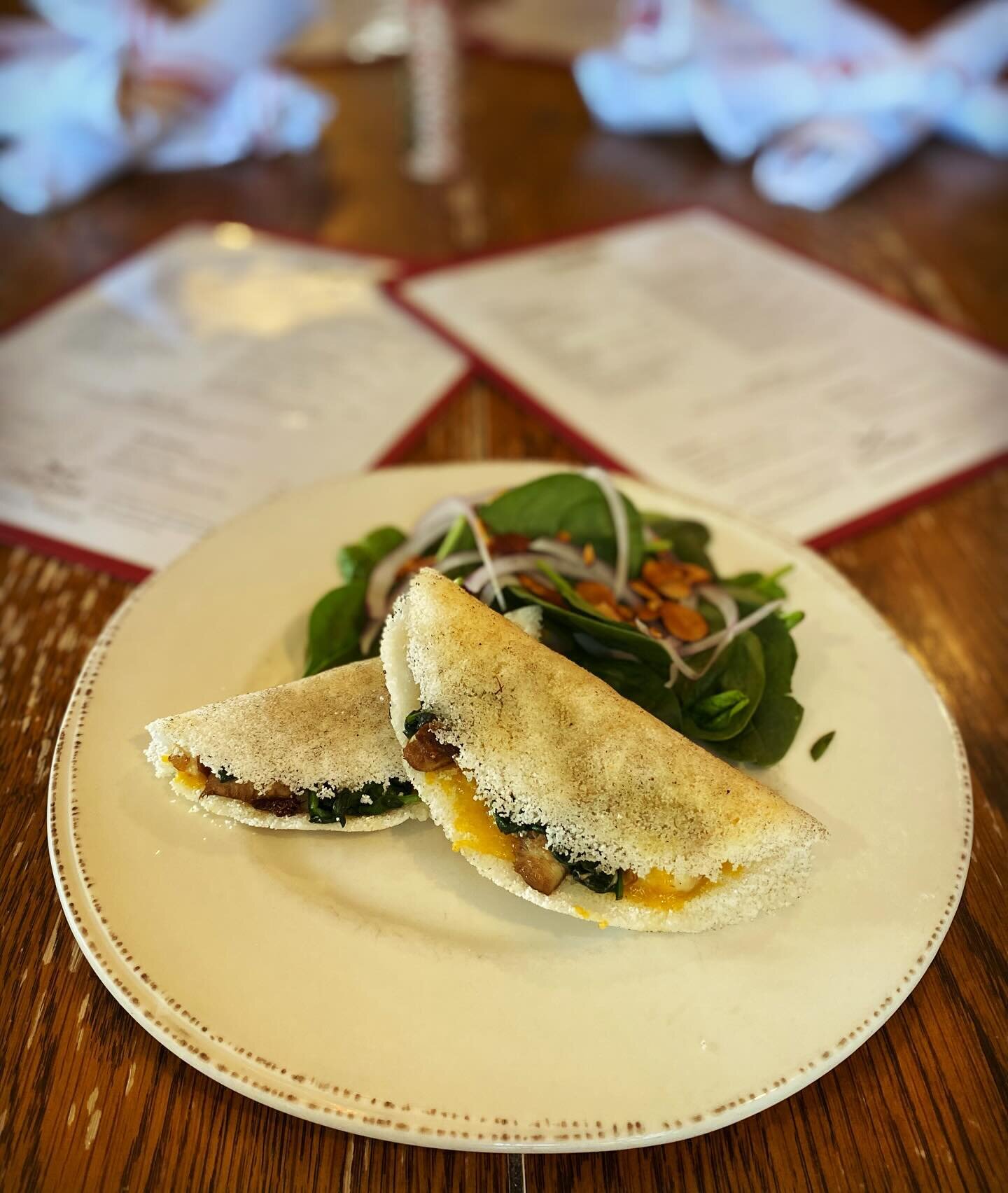 New veggie offering on the lunch features! Two tapioca flour quesadillas with spinach, @highcountryfungi mushrooms, and cheddar cheese! Gluten free and comes with your choice of side.
