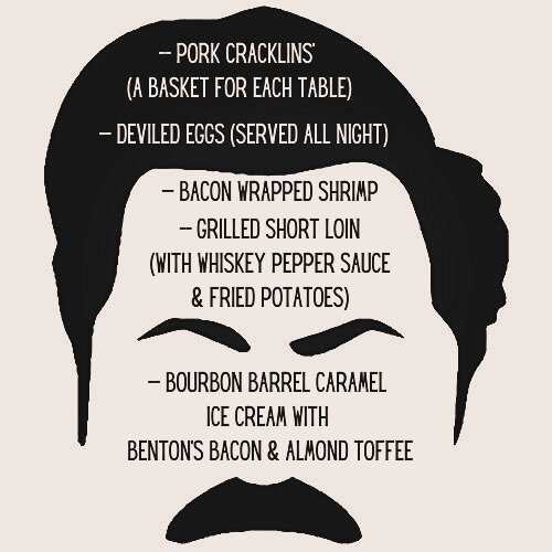 🚨 Get ready y&rsquo;all! Here&rsquo;s the menu for our upcoming Ron Swanson dinner. It&rsquo;s been about five years since our last one so don&rsquo;t miss your chance this time around. Call 828-963-6301 to make a reservation before it&rsquo;s too l