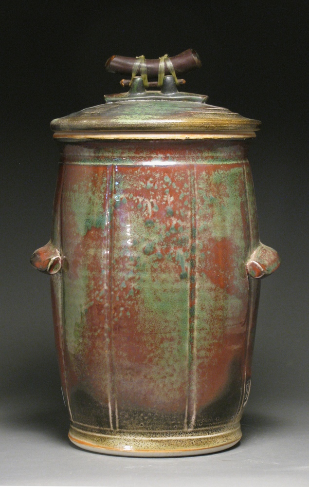 Compost jar 13" tall Glazes: white shino and Rob's green