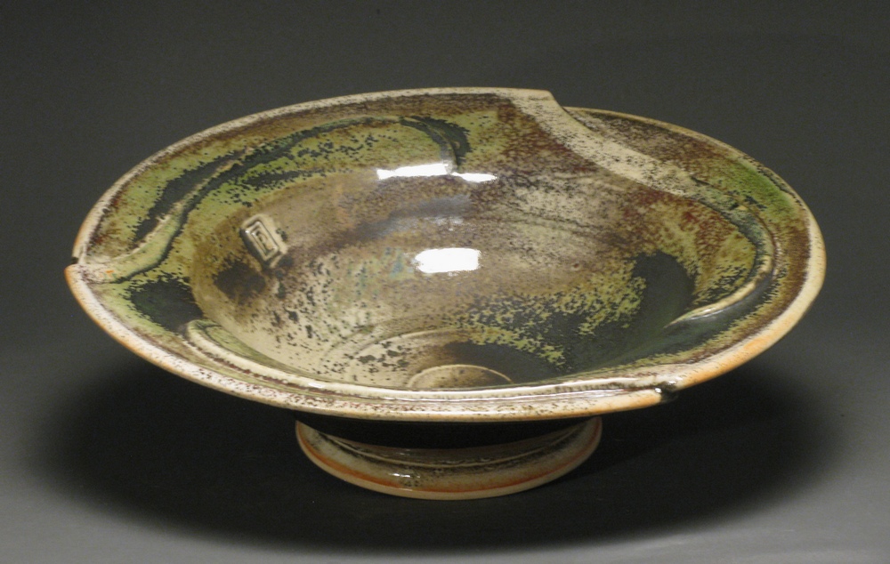 Pinwheel bowl 13" diameter Glazes: white shino and Rob's green