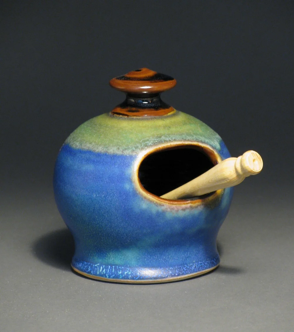 Salt cellar 4" tall Glazes: matte blue and temmoku