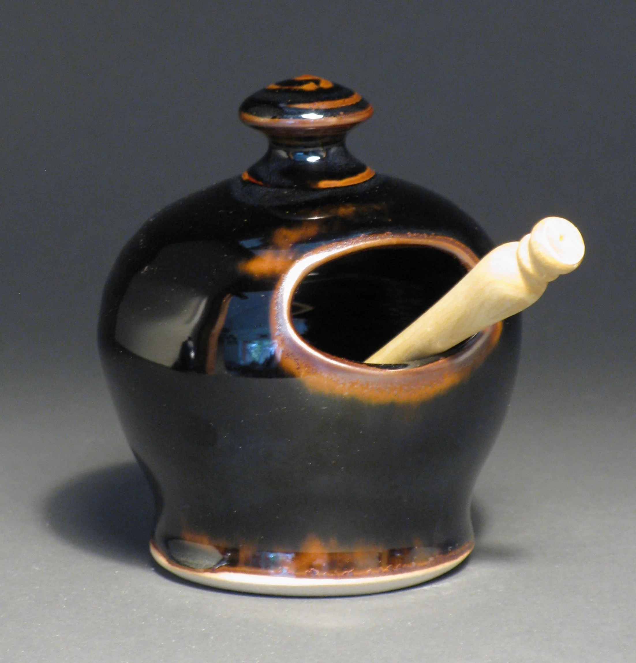 Salt cellar 4" tall Glaze: temmoku
