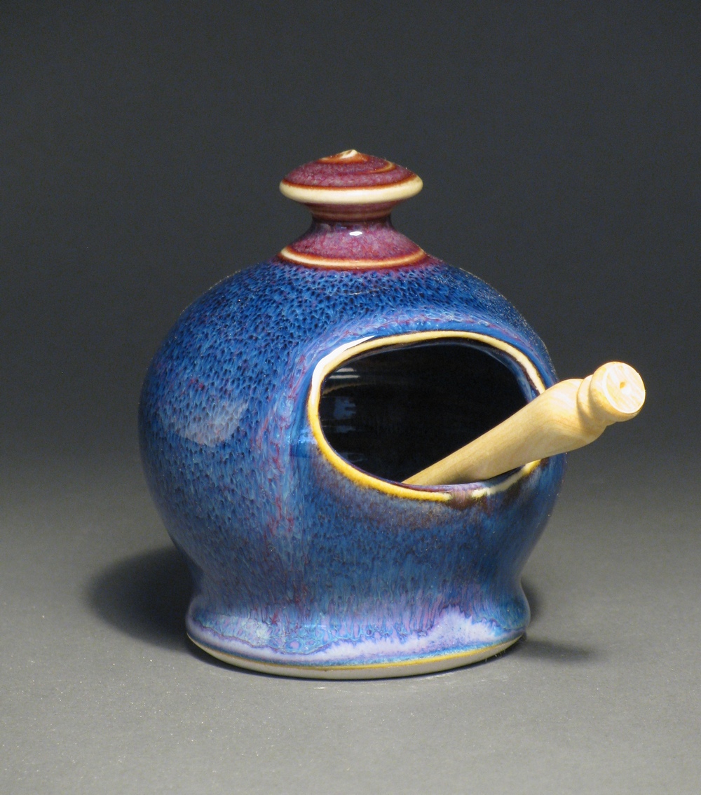 Salt cellar 4" tall Glazes: purple haze and copper red