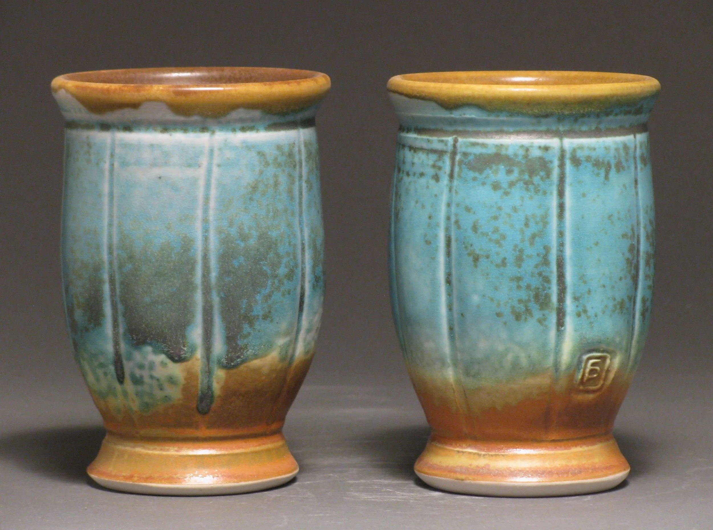 Tumblers 5.5" tall Glazes: Matte turquoise and matte rust