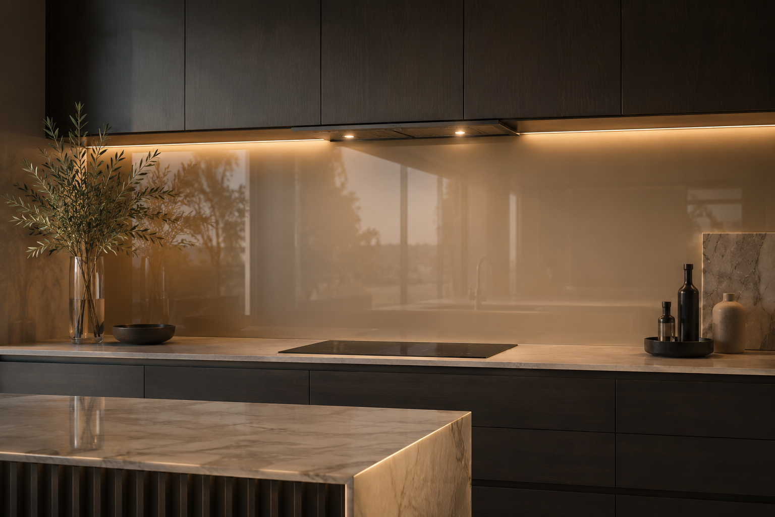Warm-toned glass splashback with reflections in a contemporary kitchen