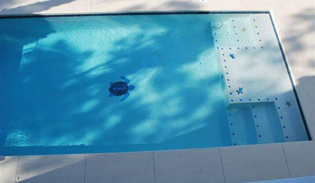 A pool showing Lightstreams Glass Tile on the waterline.