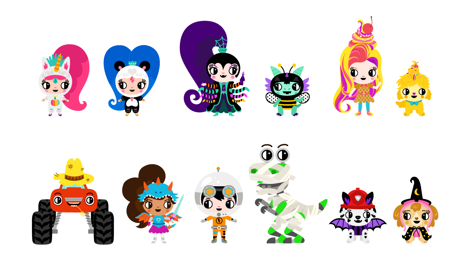 The concept was to recreate Nick Jr's characters in my style wearing costumes, having as a main theme "The Boo Fest", a Halloween Fair that takes place inside a farm.