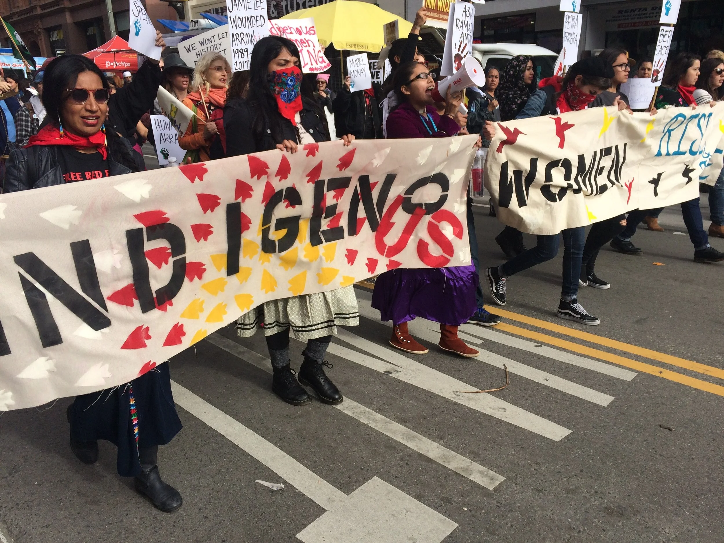 Indigenous Women Rise, one of many groups showing support for the day, carried banners down Broadway. (Photo by Loud Owl)