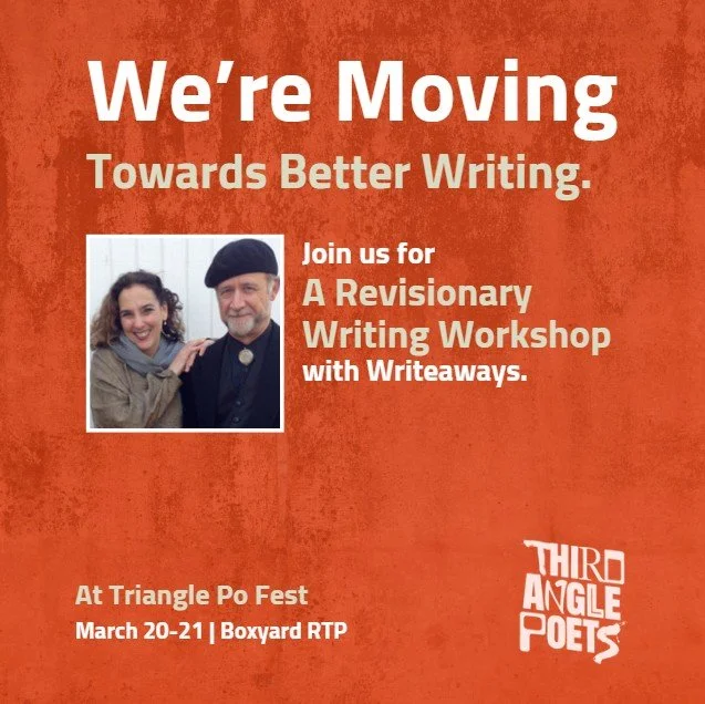 Orange flyer for Writeaways Writing Workshop at Boxyard Triangle Po Fest, March 21, with photo of Mimi Herman and John Yewell