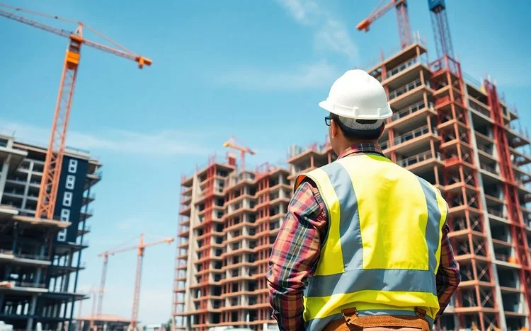 Construction project manager reviewing building plans and schedules on site