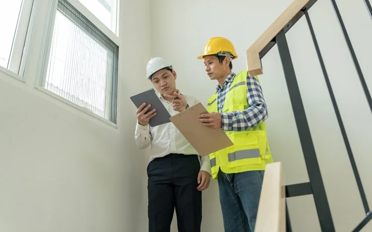 Architects and engineers collaborating during the construction project planning phase