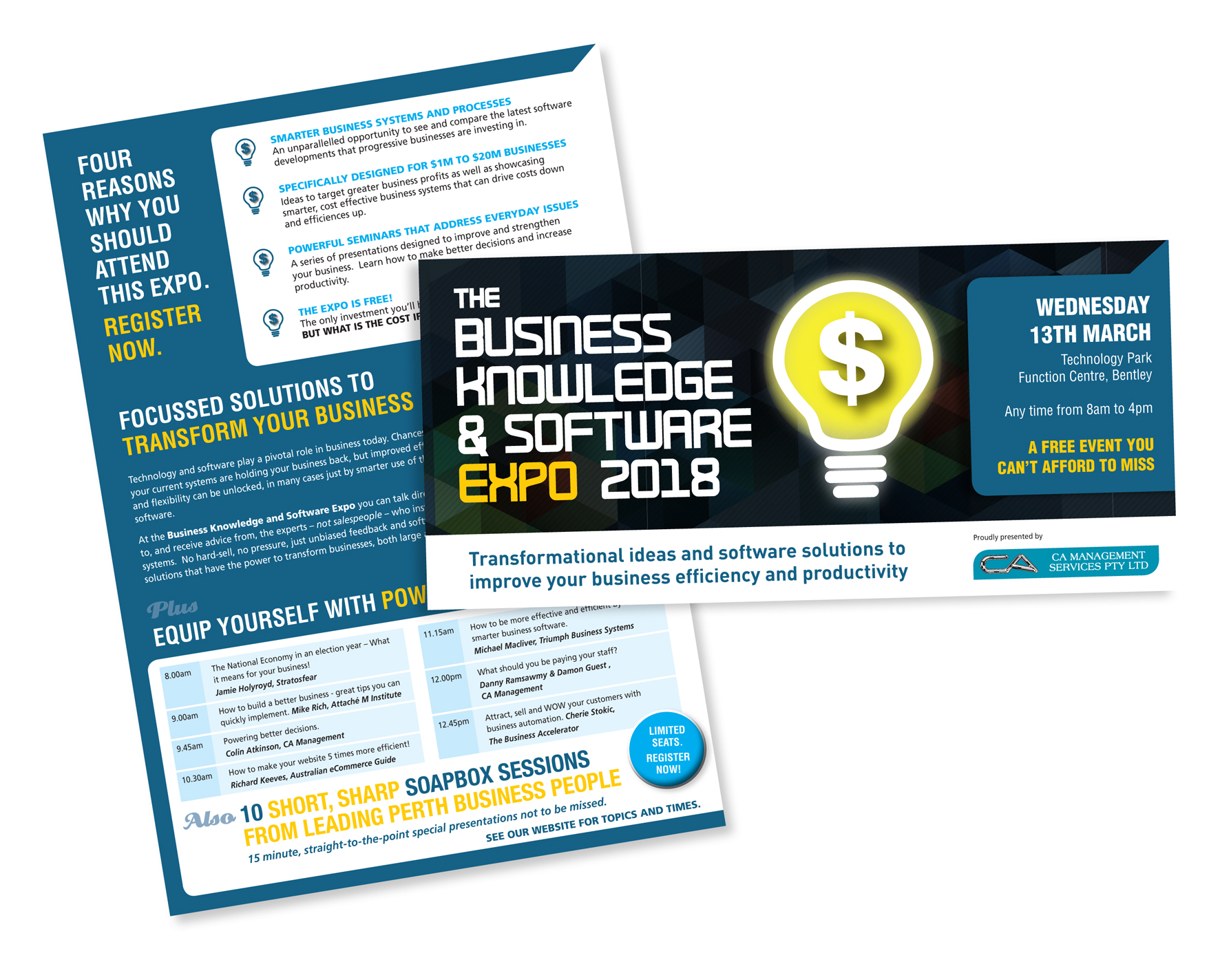 A brochure and flyer from Glide Print that advertise a business expo. Print services West Perth and Subiaco