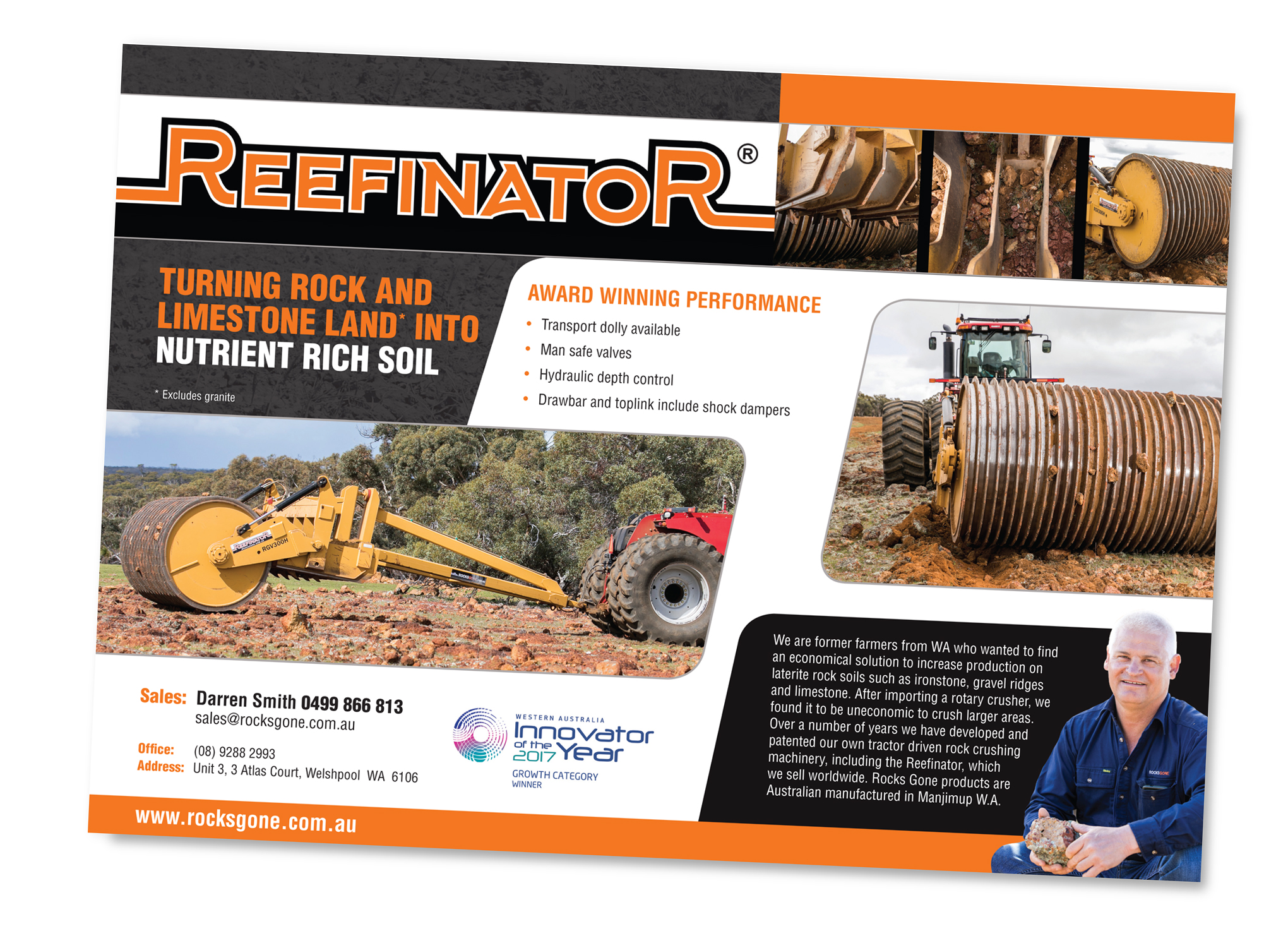 A marketing card for an agricultural machine called Reefinator. Print services West Perth and Subiaco