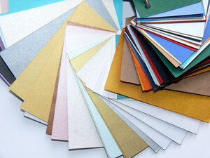 A book of paper stock swatches